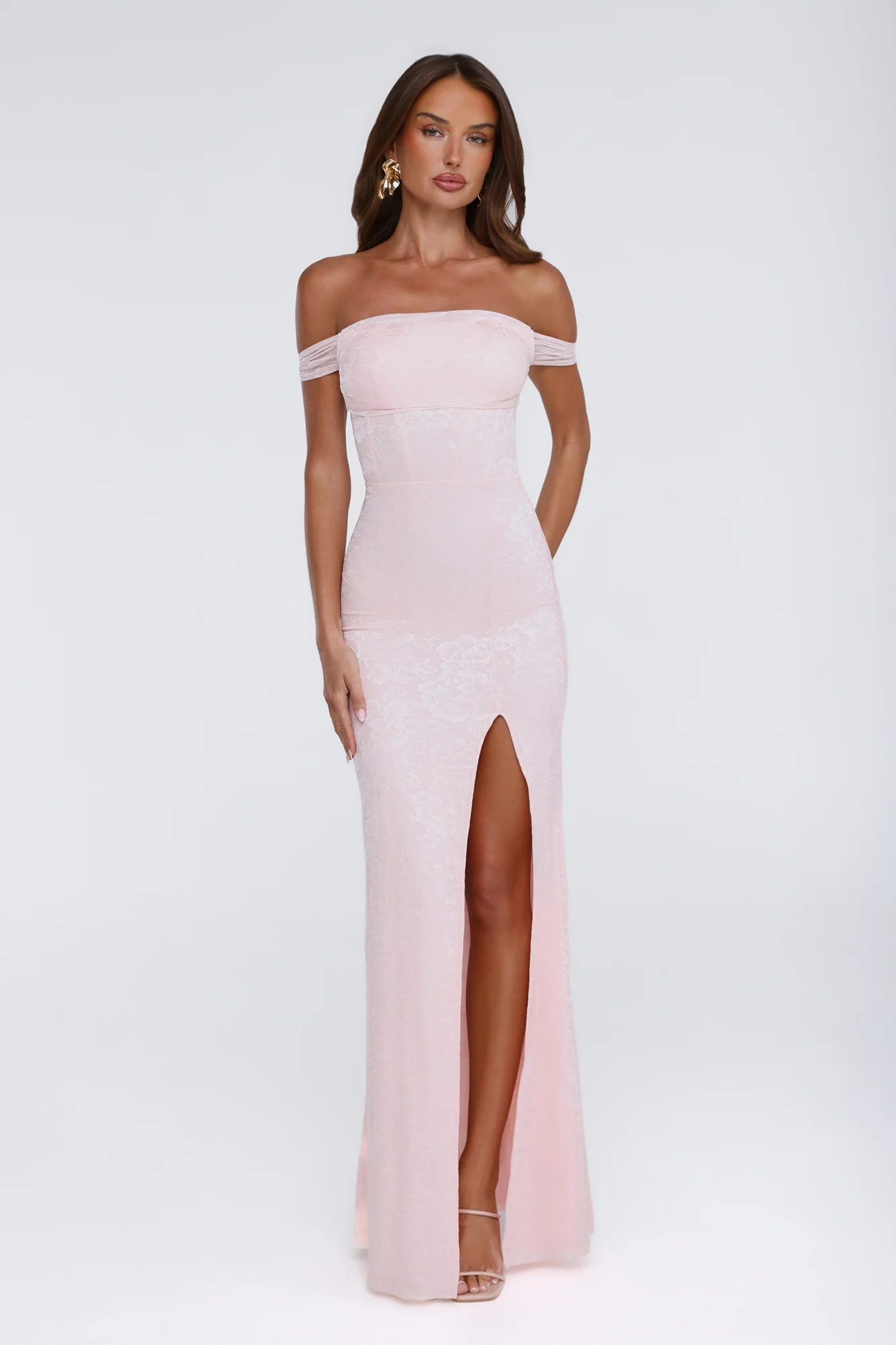 Night Bloom Off Shoulder Maxi Dress Pink