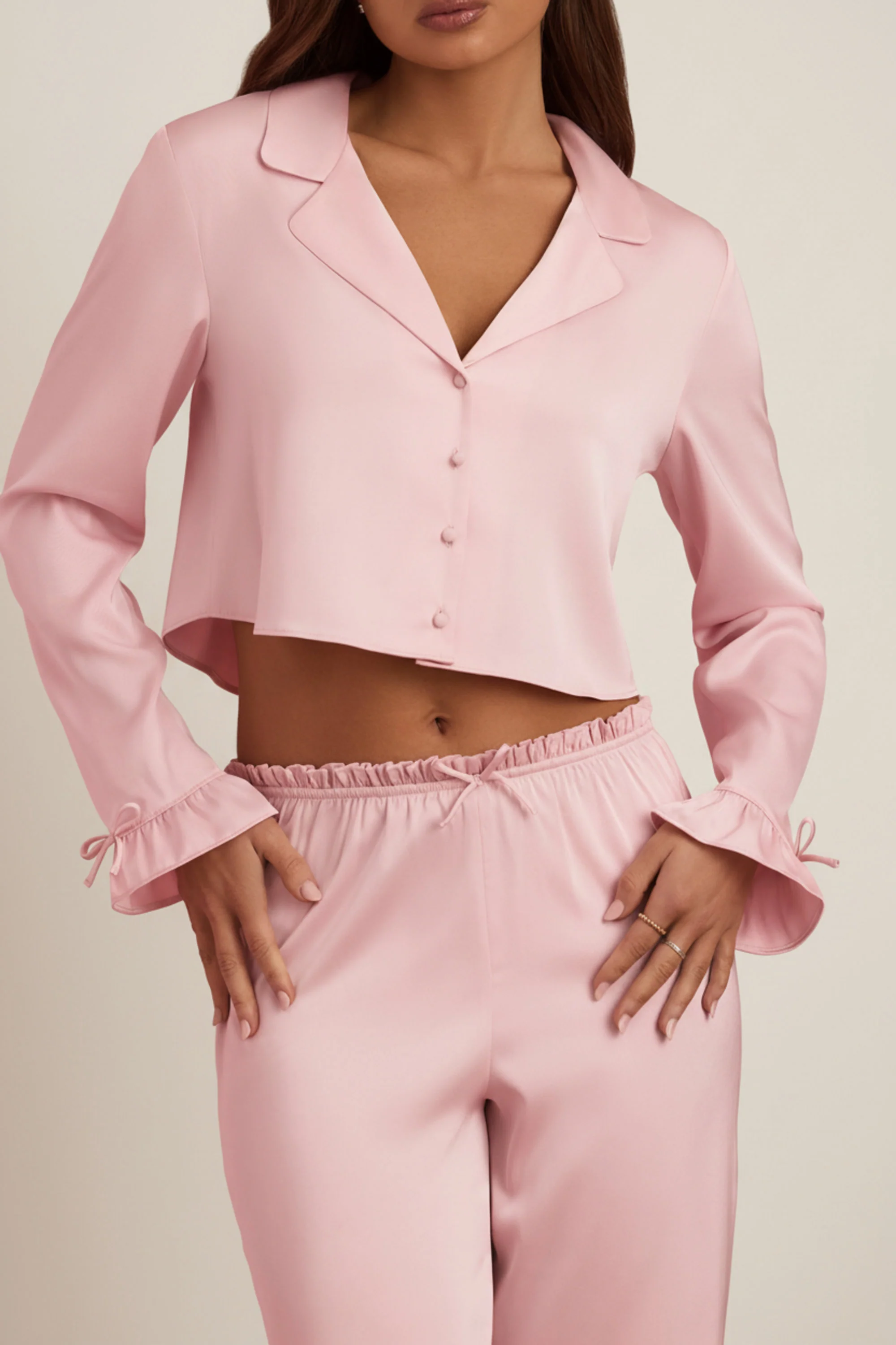 Ruffle-Trim Cropped Pyjama Top in Baby Pink