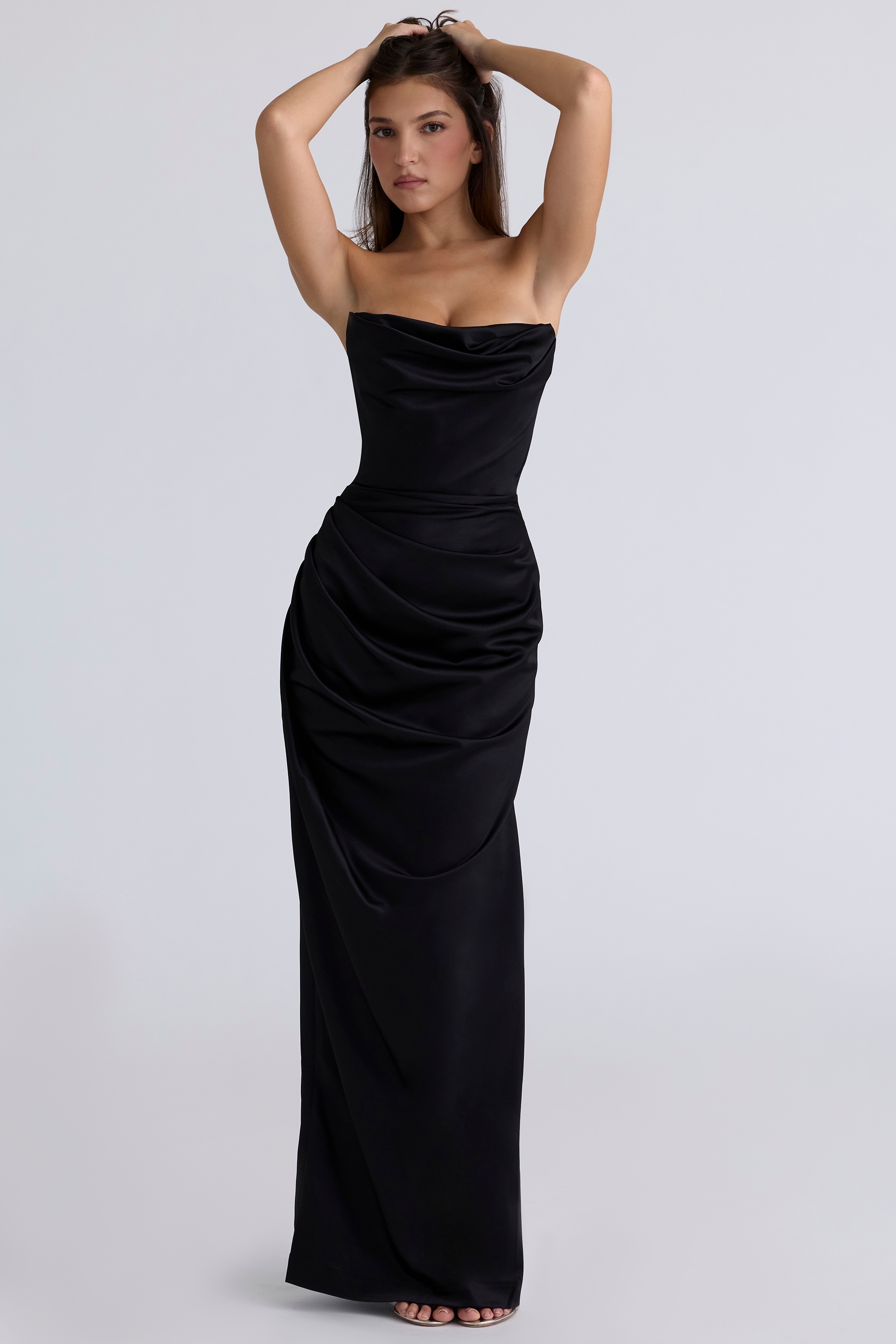 black satin strapless corset maxi