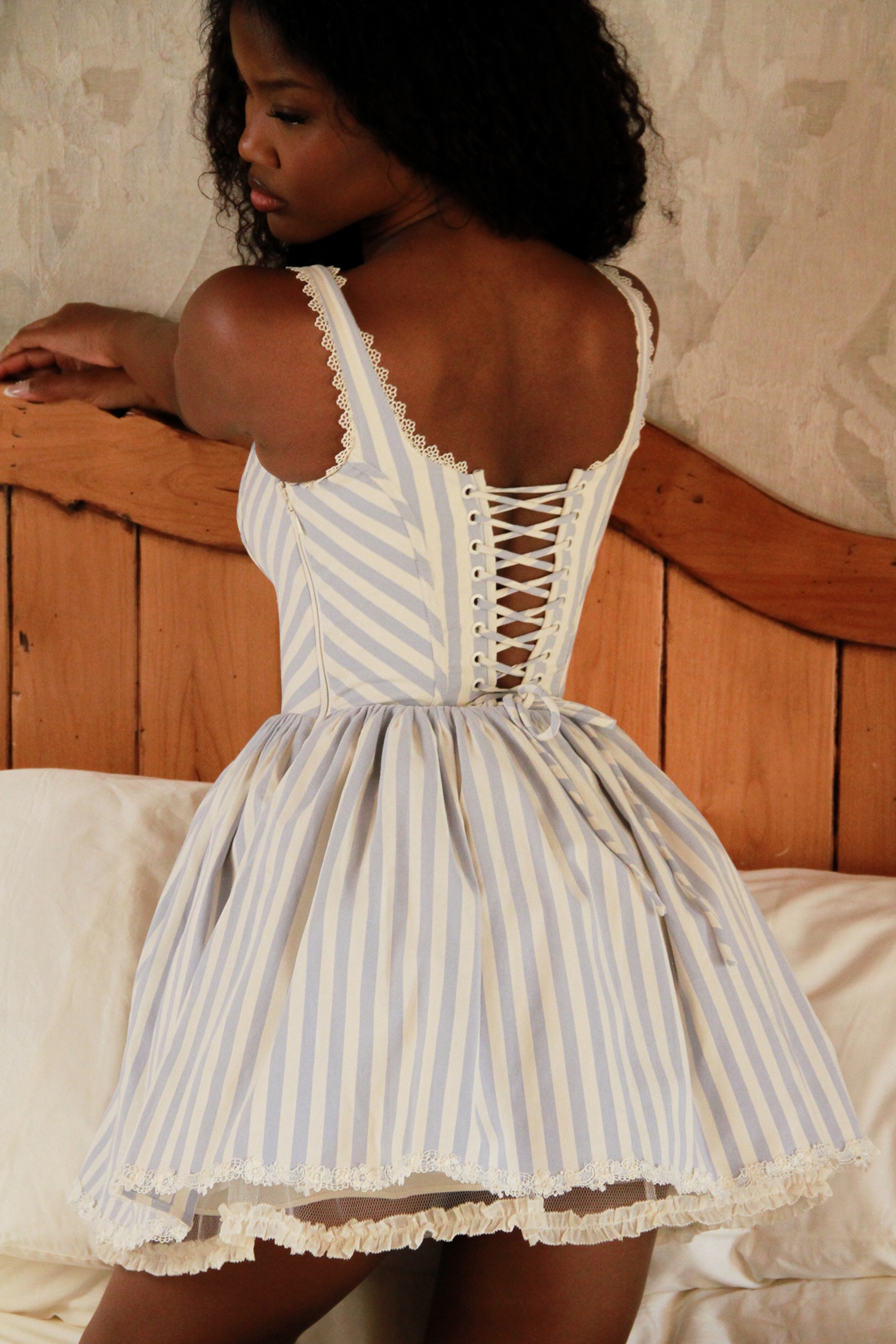Blue Striped Pintucked Mini Dress