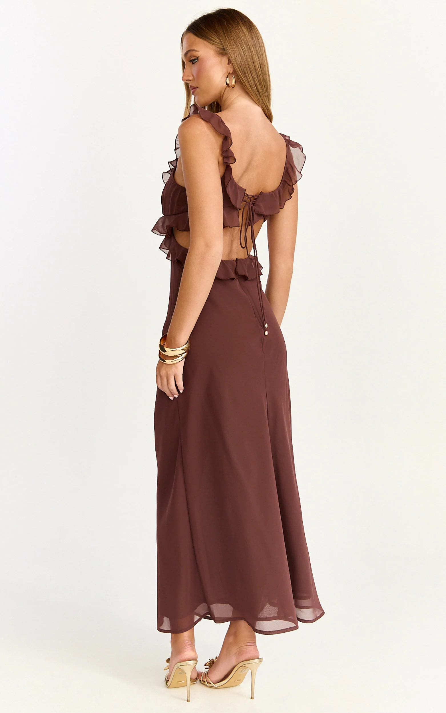Alessa Midi Dress - V Neck Frill Detail Empire Waist Back Cut Out Dress in Brown