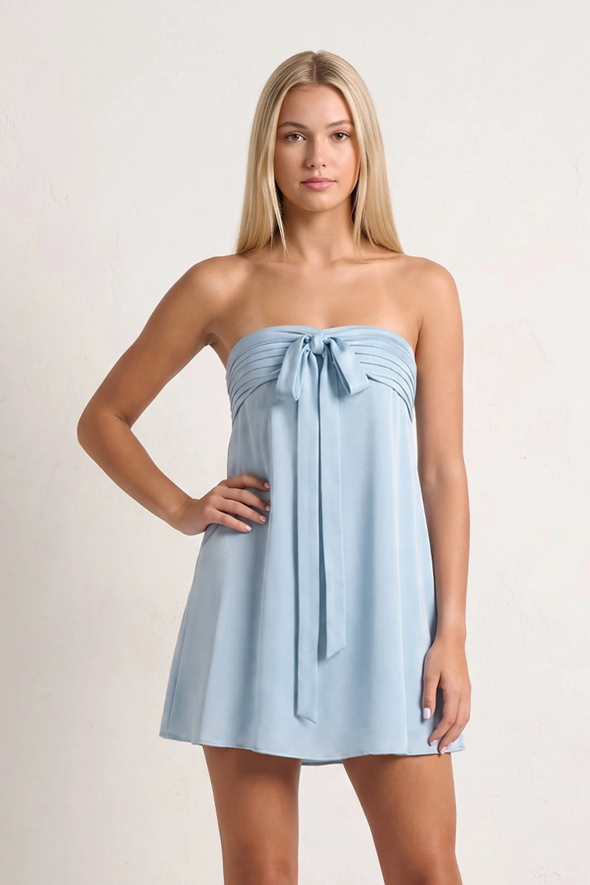 Sky Blue Strapless A-Line Satin Homecoming Dress with Ribbon