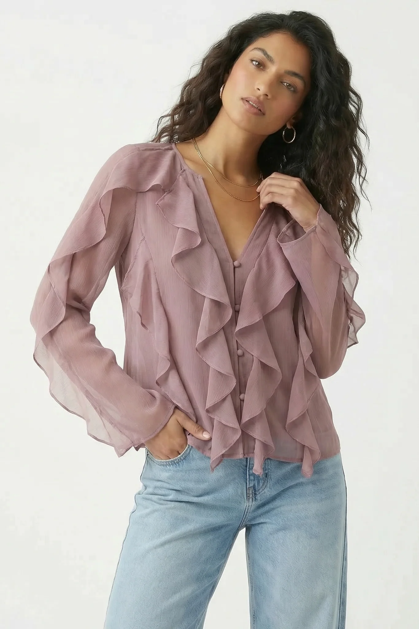 Chiffon Button Front Ruffle Detail Blouse