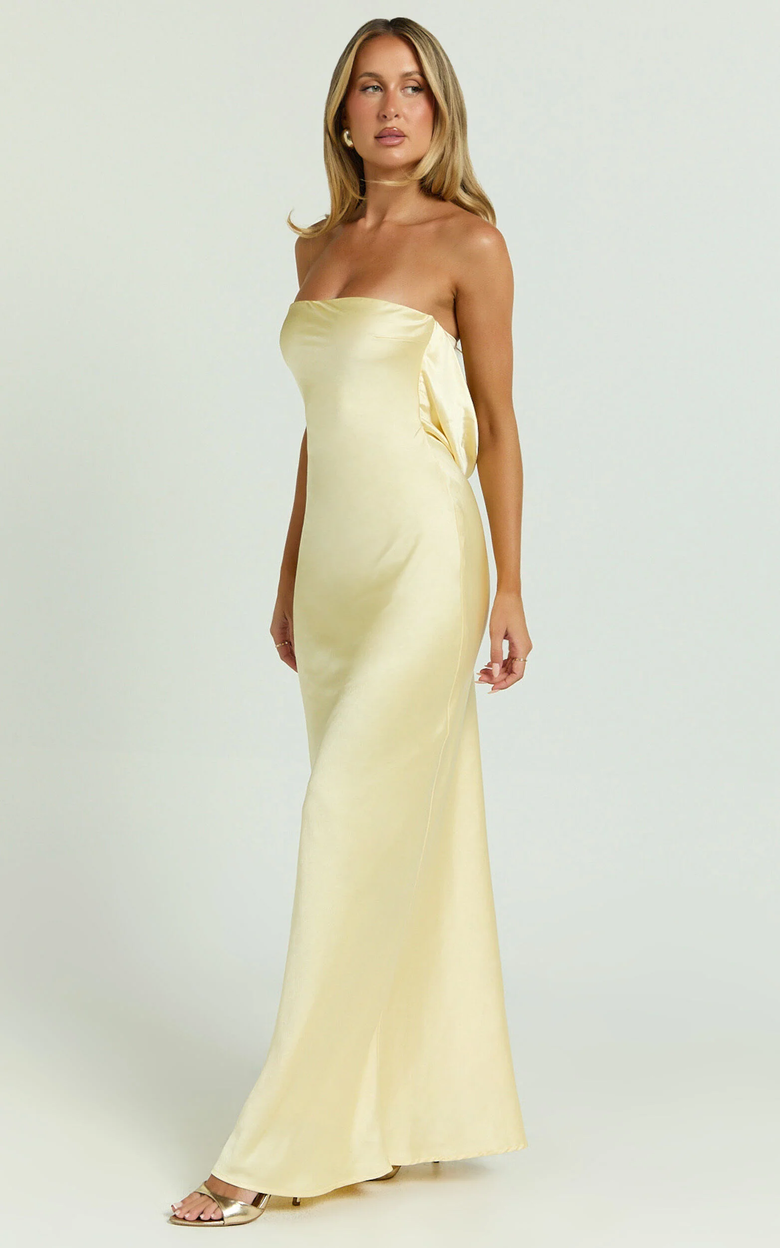 Charlita Maxi Dress - Strapless Cowl Back Satin Dress in Butter Yellow