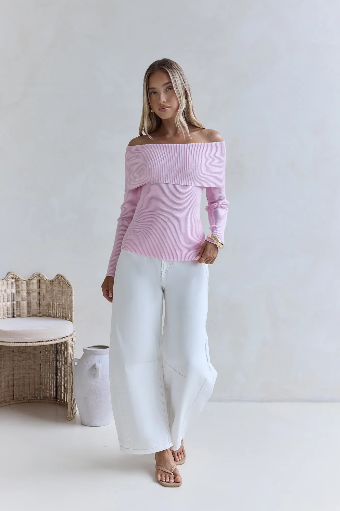 Dreamwave Off Shoulder Knit Top Pink