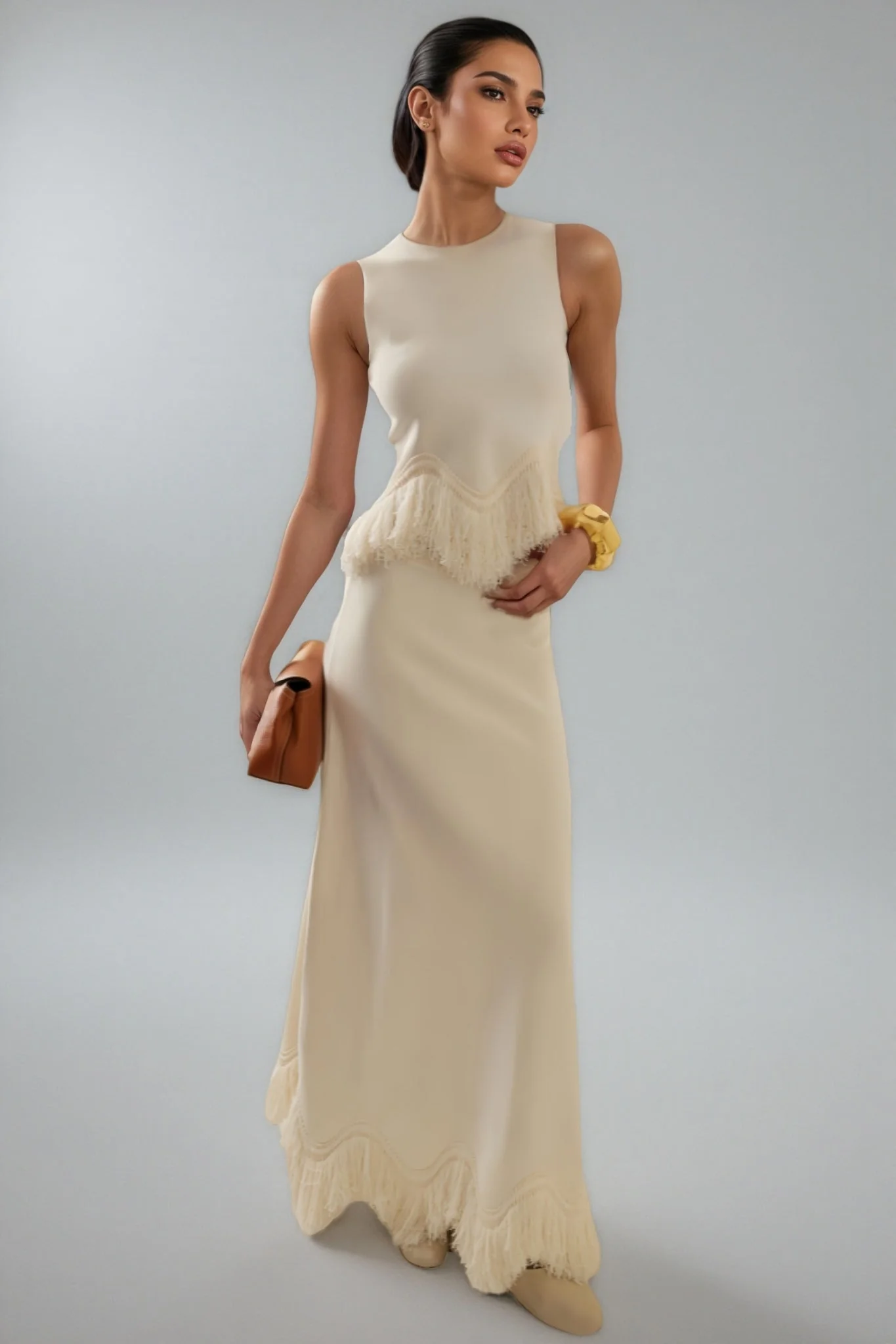 Jora White Fringe Maxi Dress Two Piece Set
