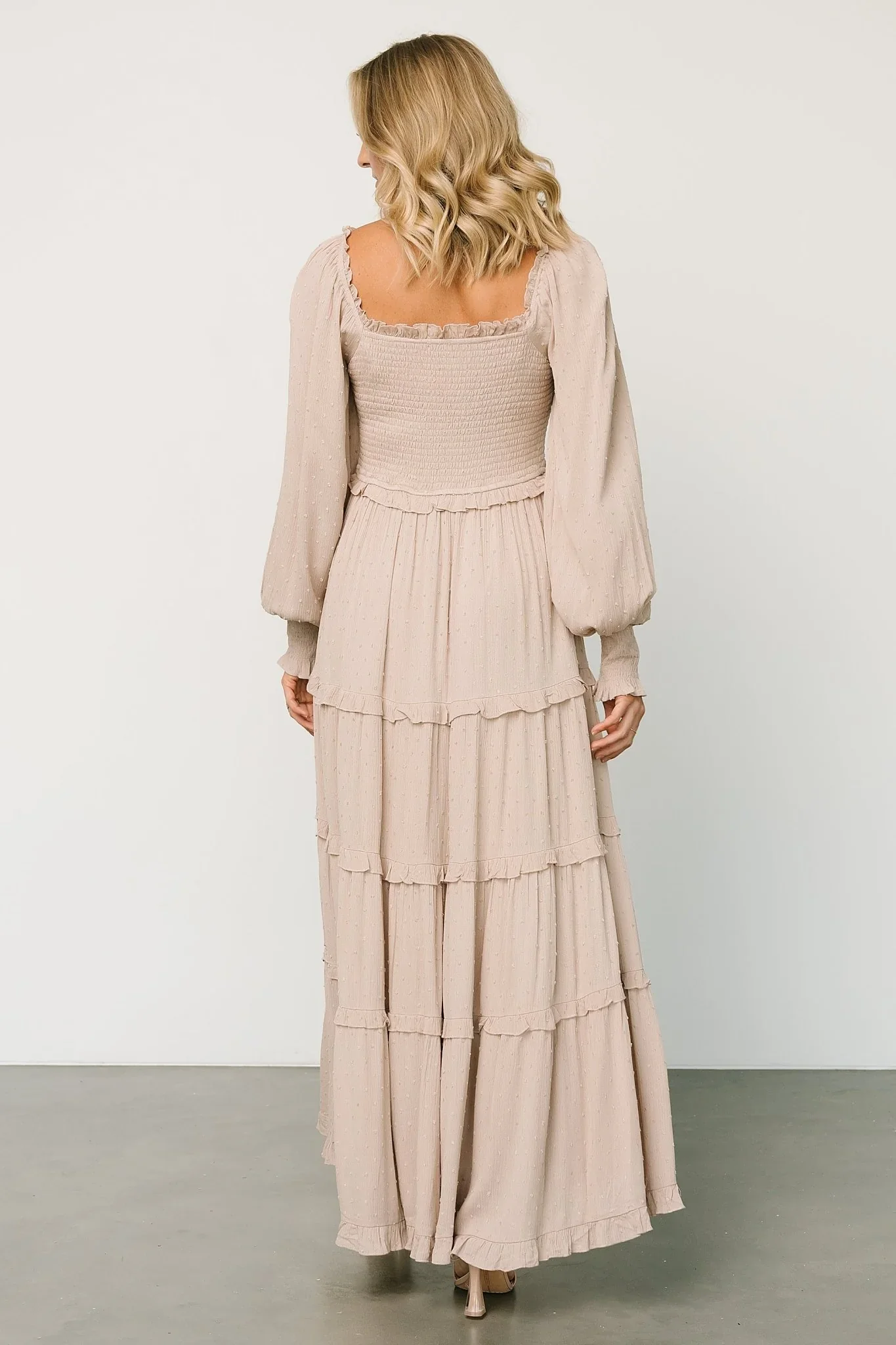 Amanda Smocked Dotted Maxi Dress | Beige
