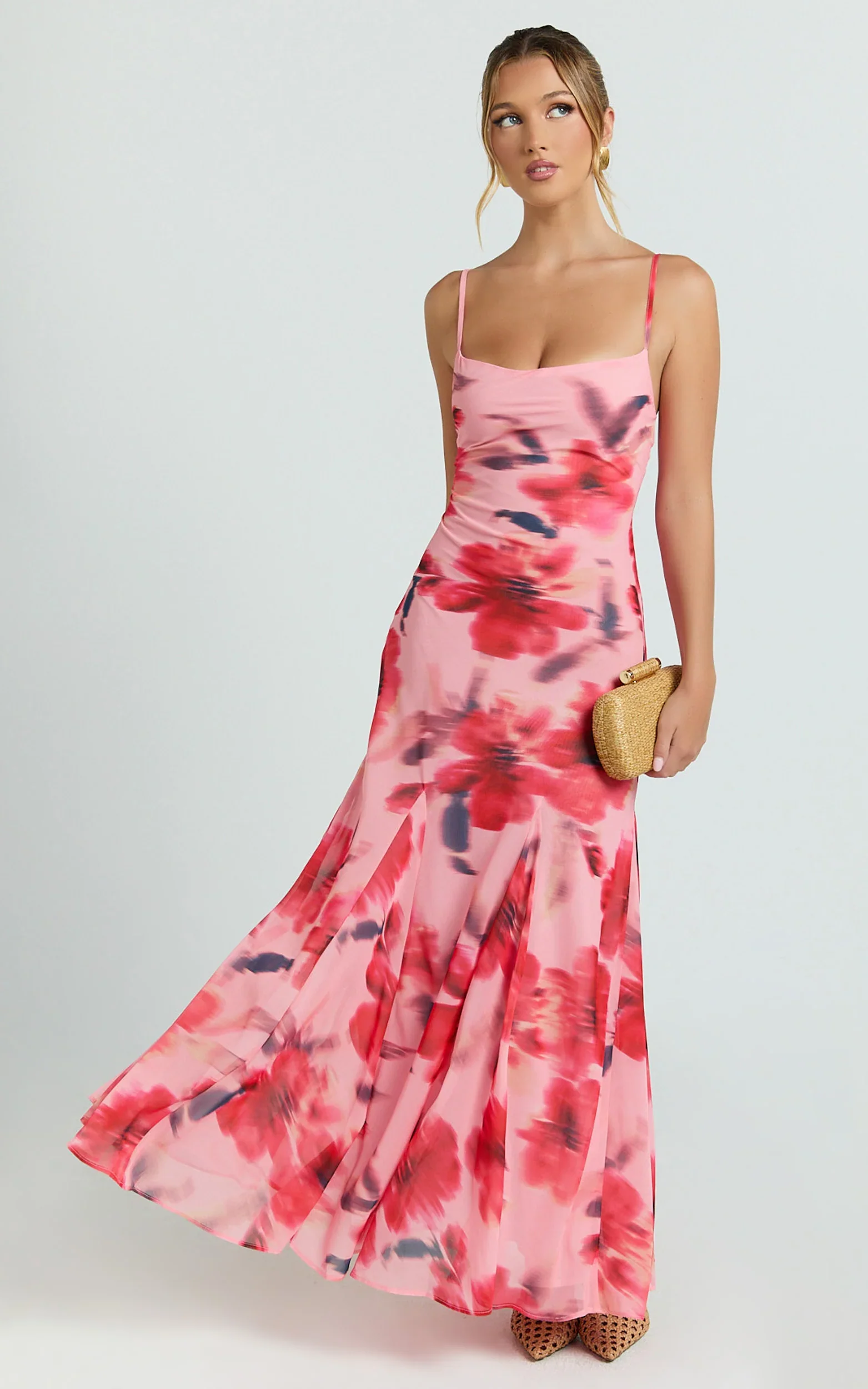 Claudia Maxi Dress - Floral Cowl Neck Godet Dress in Pink Floral