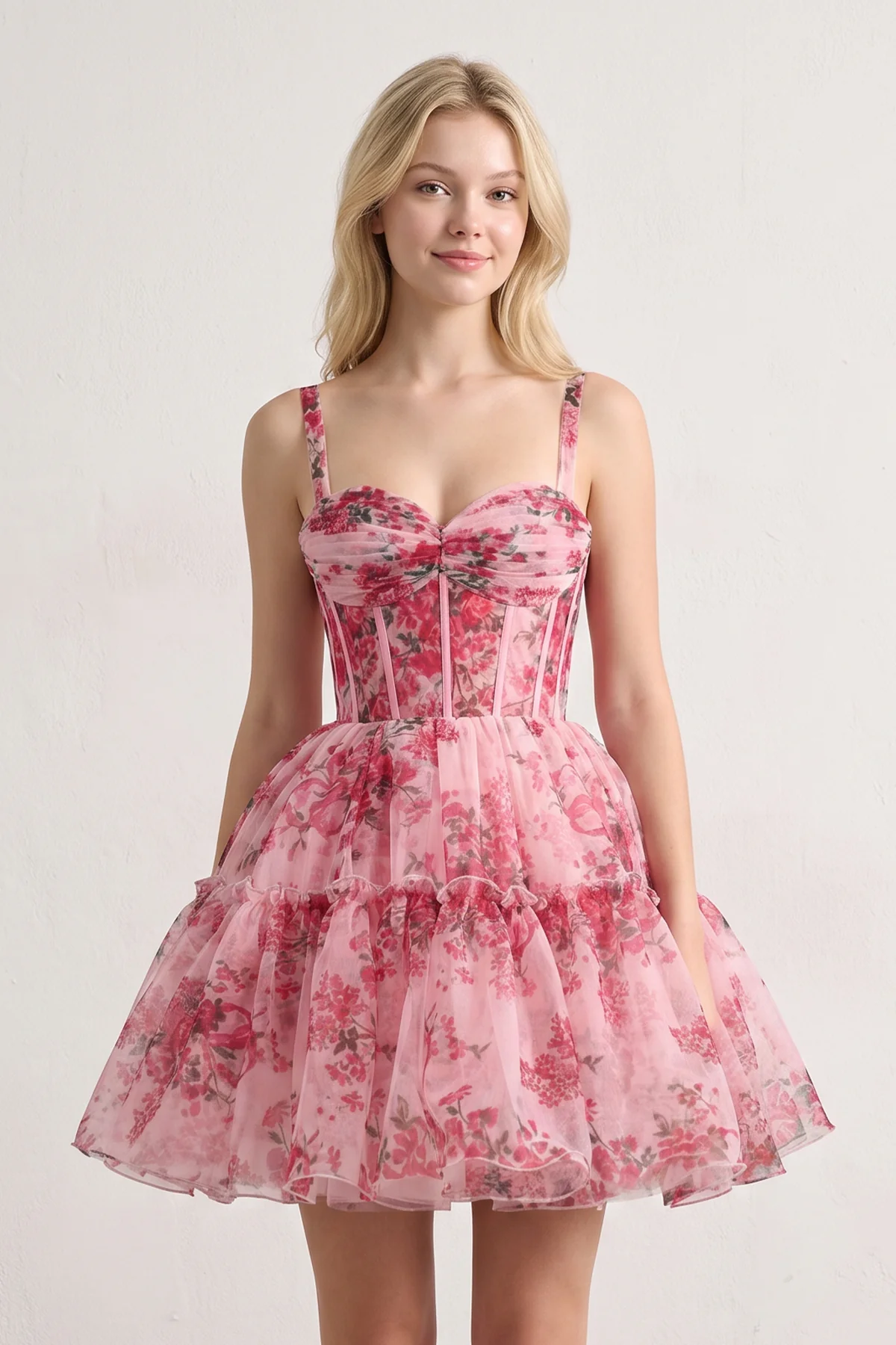 Pink - A Line Sweetheart Floral Tulle Short Homecoming Dresses