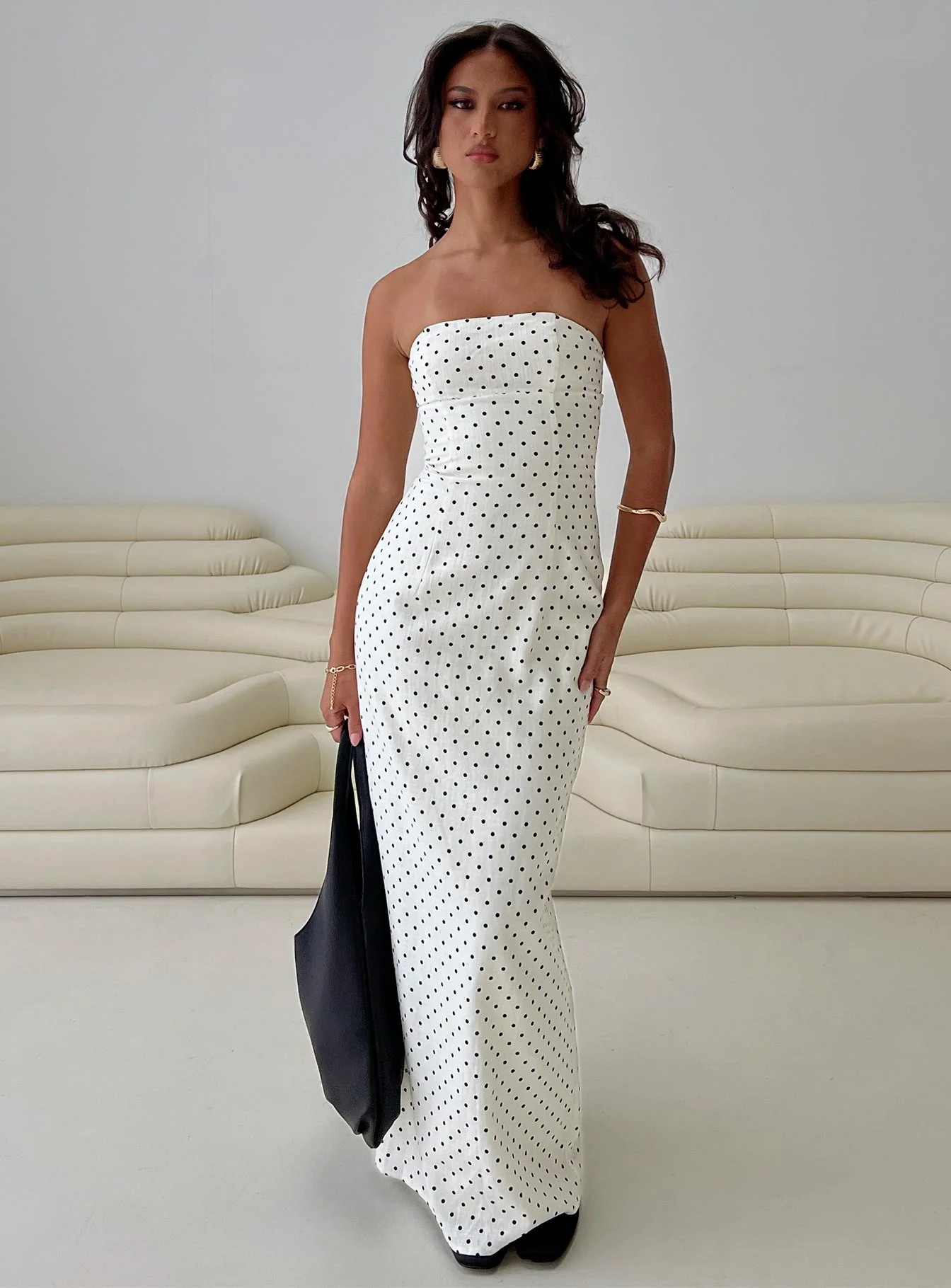 Dovie Linen Blend Strapless Midi Dress Cream Polka
