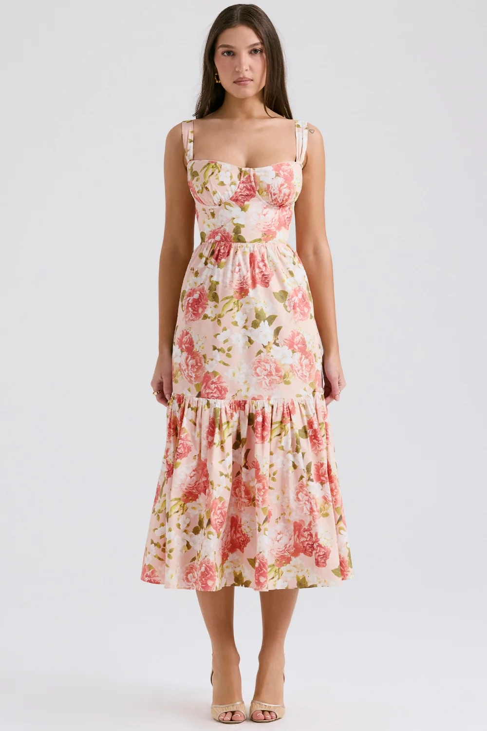 pink peony print cotton midi sundress
