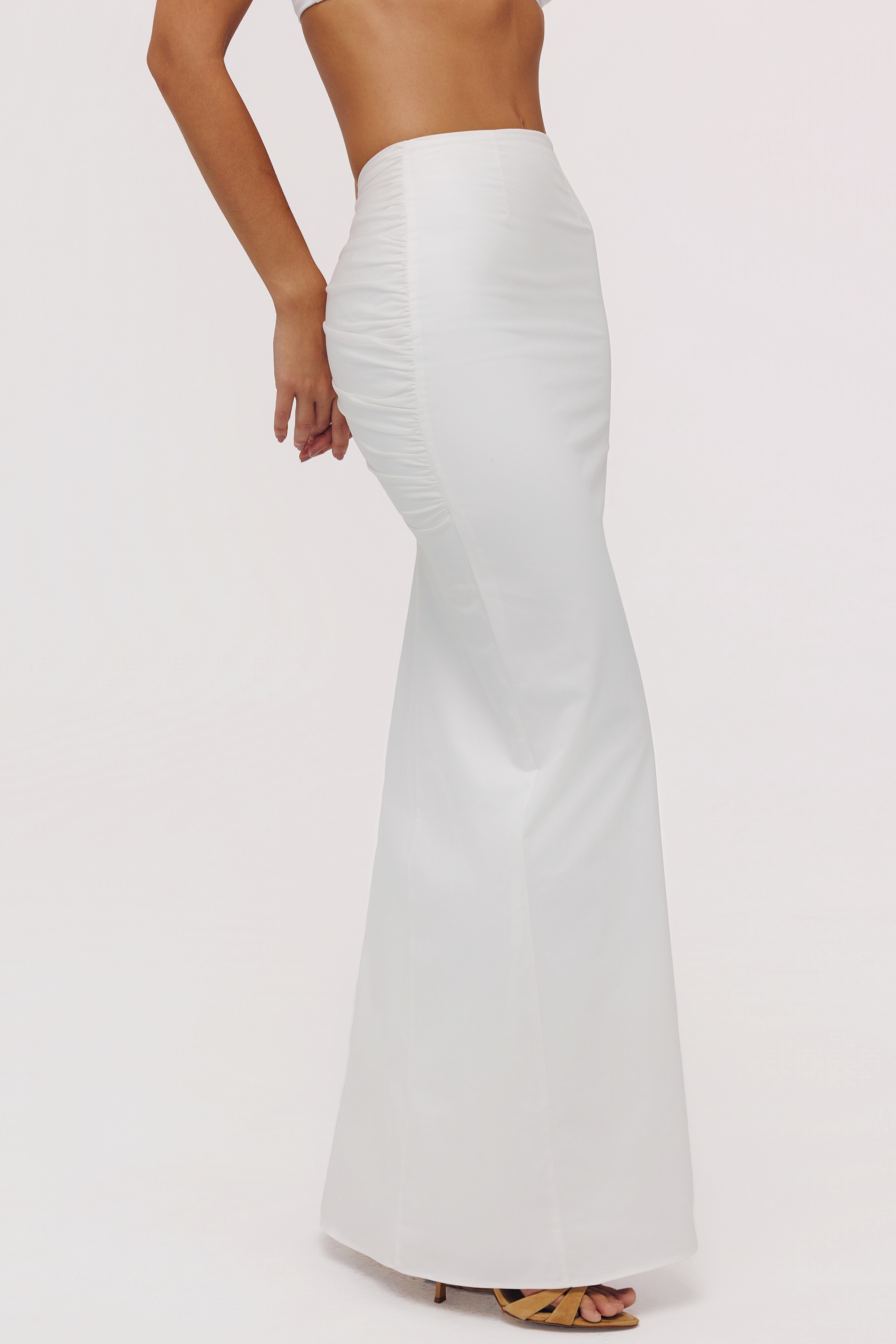 White Cotton V Back Draped Maxi Skirt