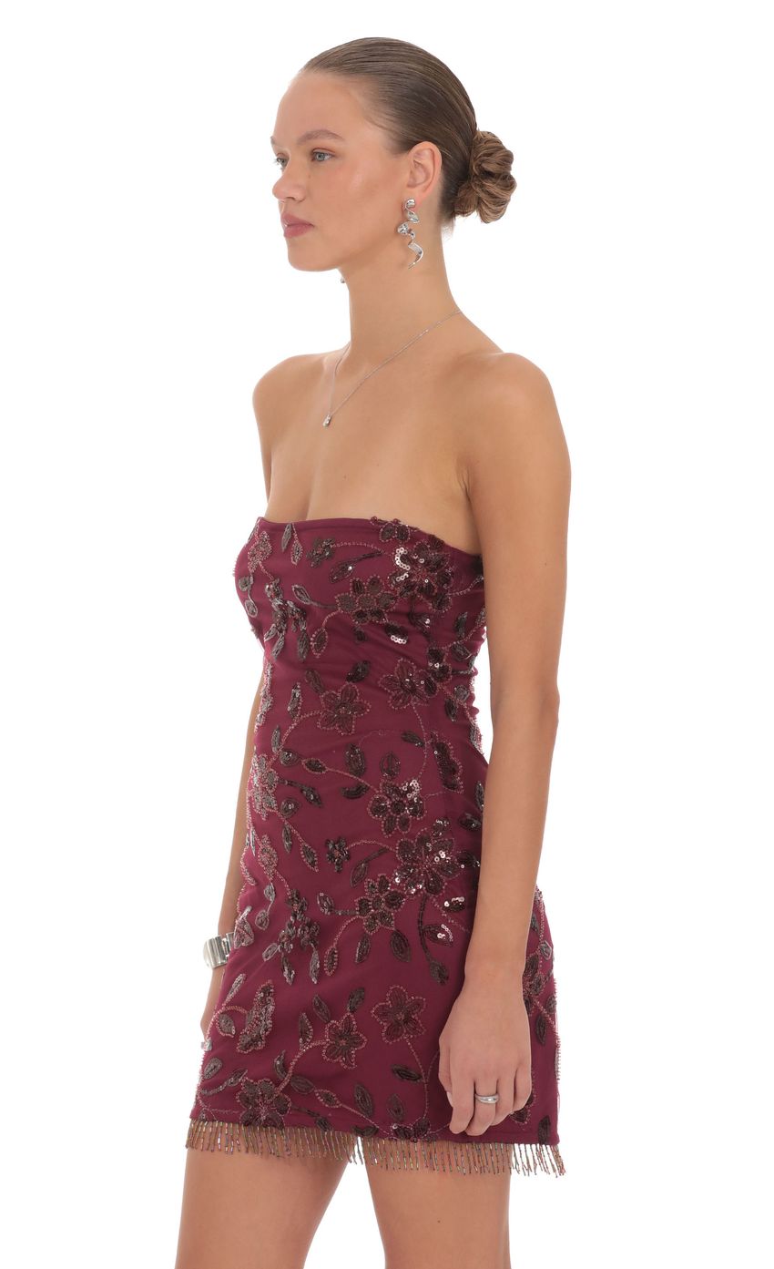 Embellished Strapless Mini Dress in Burgundy - FASHION NOB