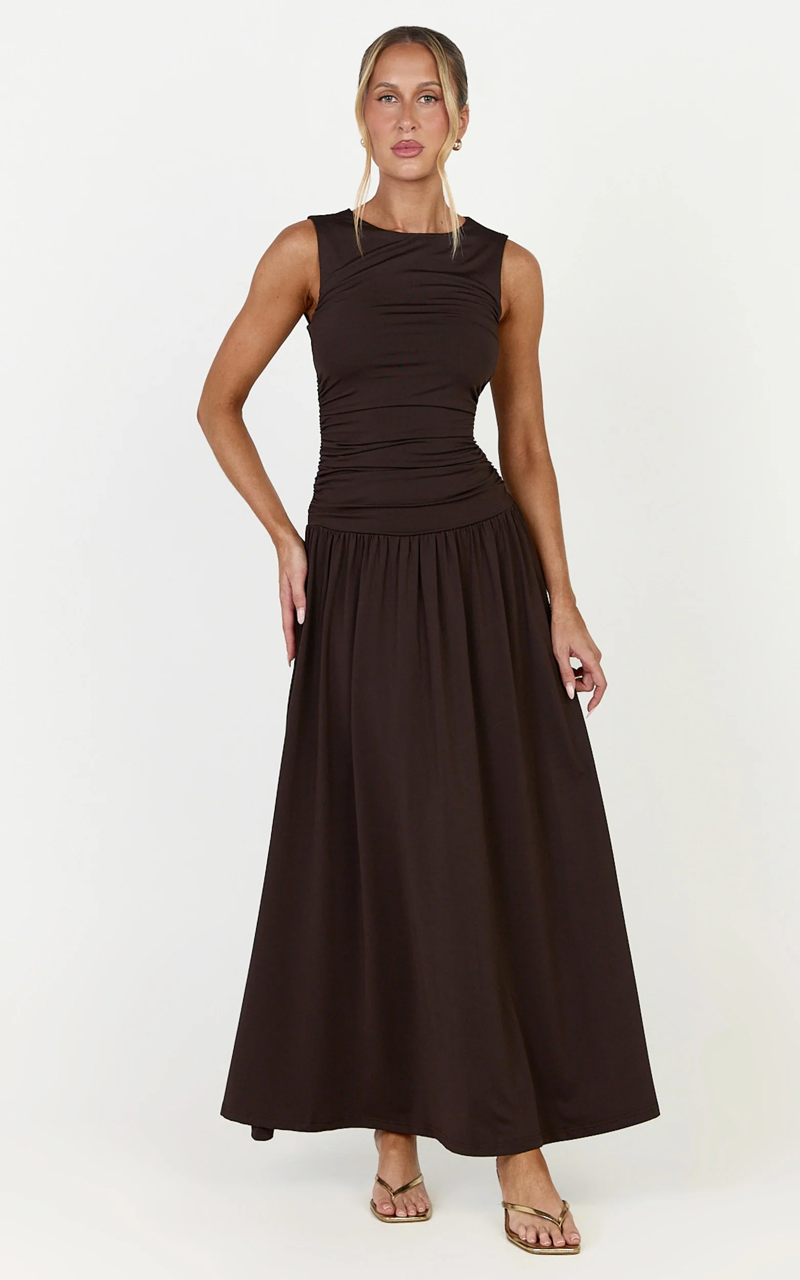 Marguerite Maxi Dress - Gathered Detail Dropped Waist Dress in Dark Chocolate