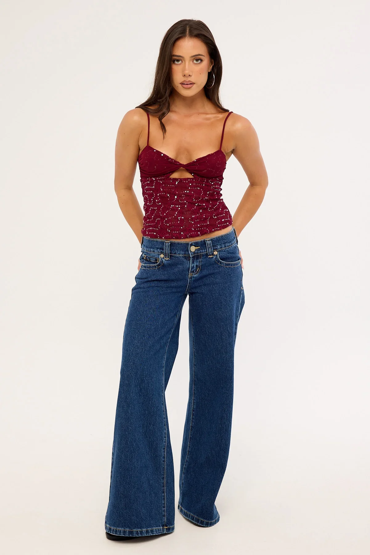 Luck & Trouble Celina Sequin Lace Cami Top Burgundy