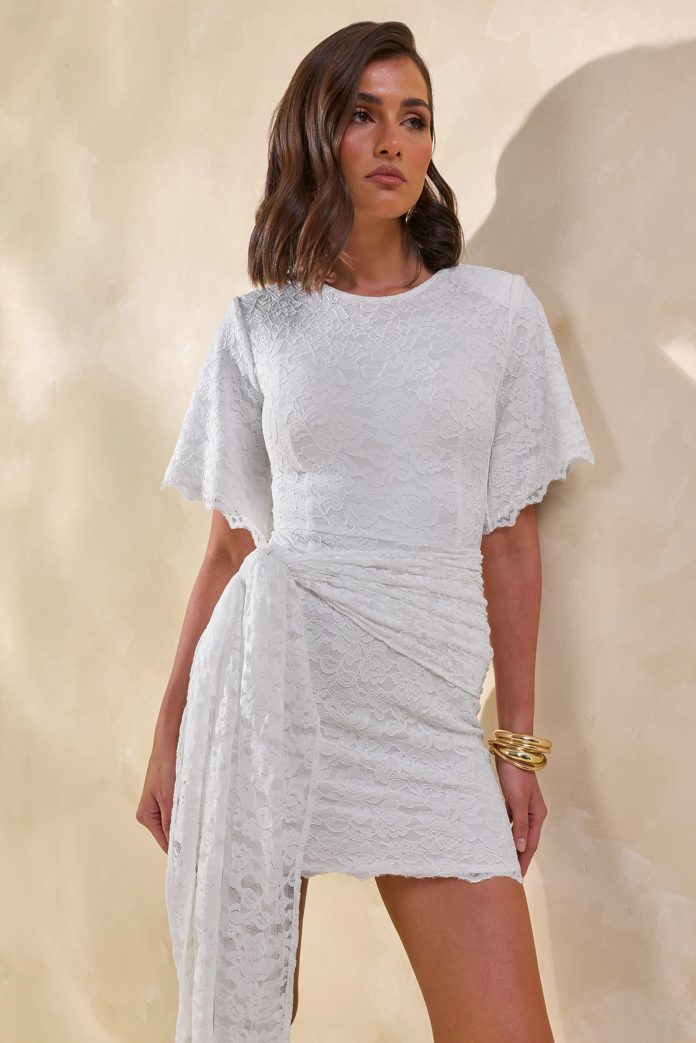 Empressa | White Lace Round-Neck Mini Dress With Wrap-Detail