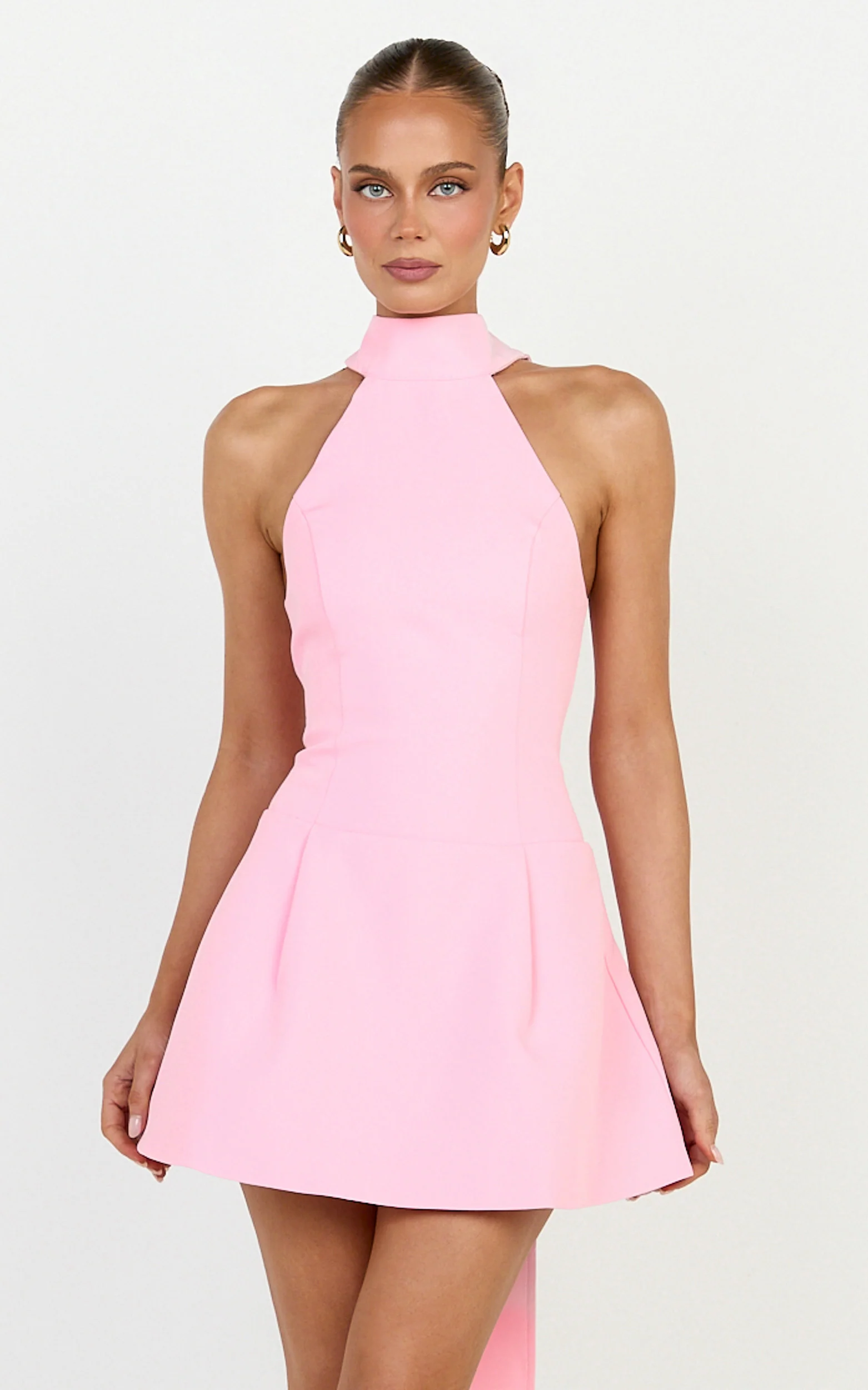 Helia Mini Dress - High Halter Neck Scarf Detail A Line Dress in Black