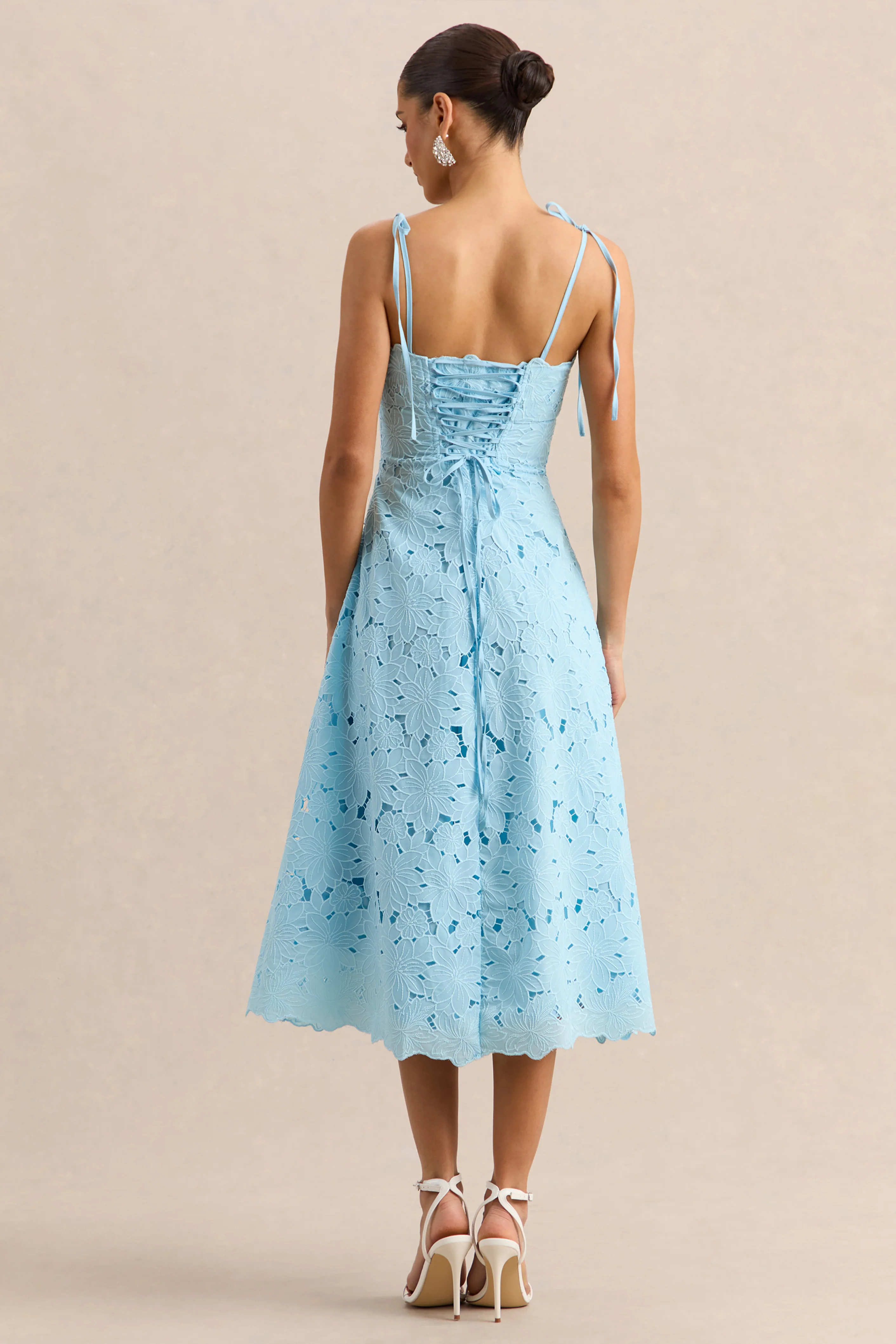 Anna | Embroidered Powder Blue Square-Neck Midi Dress