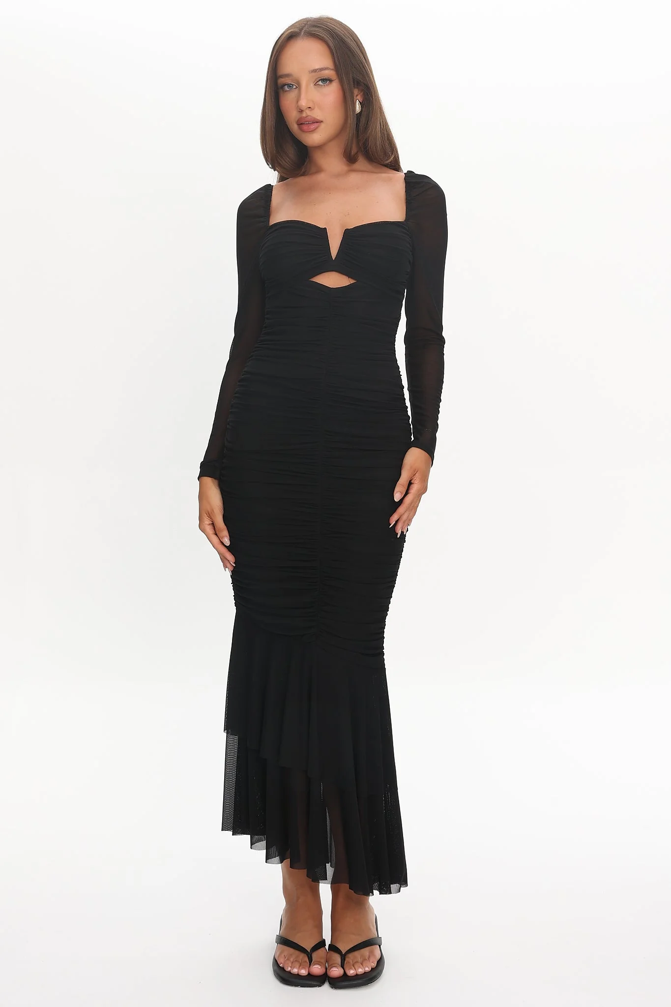 Nadia Long Sleeve Fishtail Midi Dress Black - elegeleges