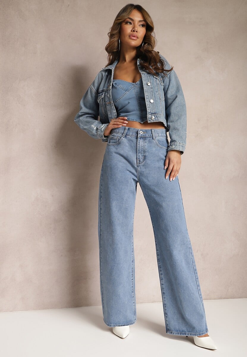 Niebieskie Szerokie Jeansy z Bawełny z Kieszeniami Afotta