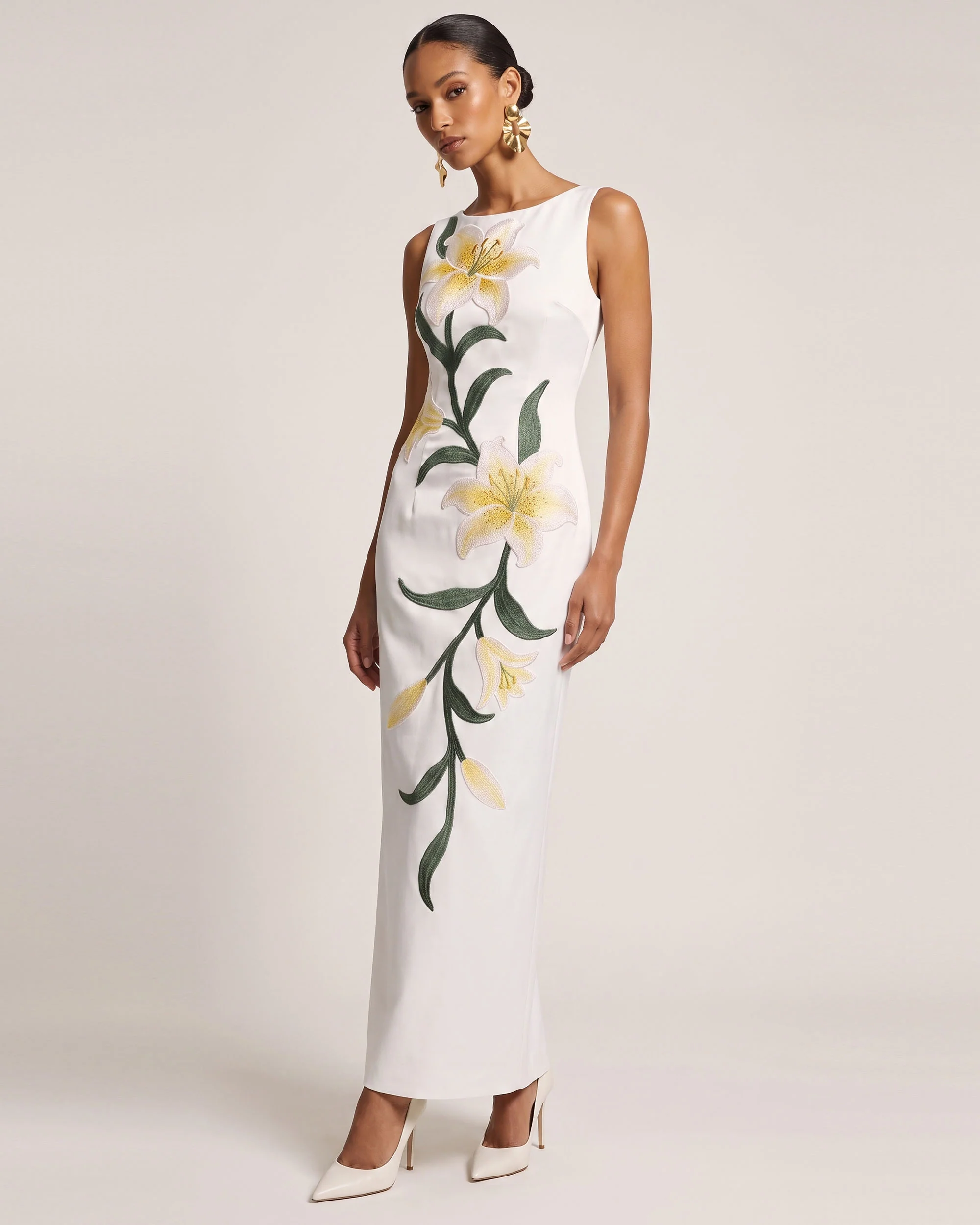 Lily Floral Print Sleeveless Column Maxi Dress - White - FASHION NOB
