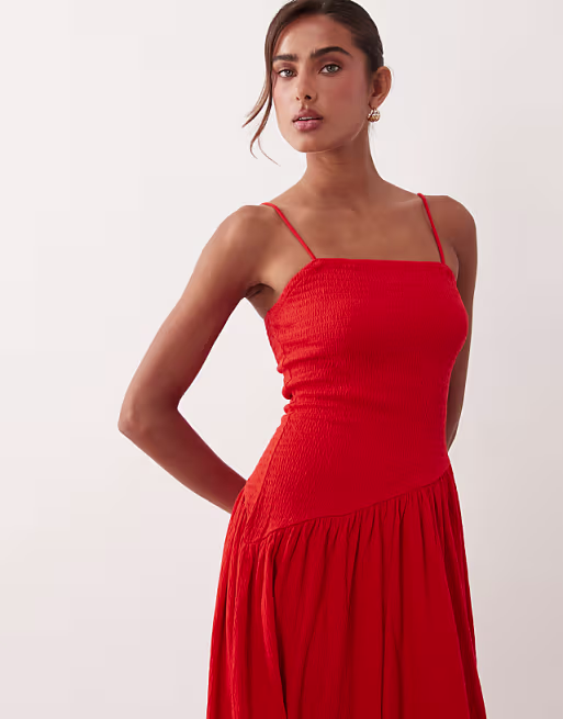 crinkle cami tie back midi dress with asymmetric waist in red