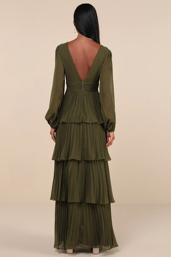 Graceful Finesse Olive Green Pleated Long Sleeve Maxi Dress