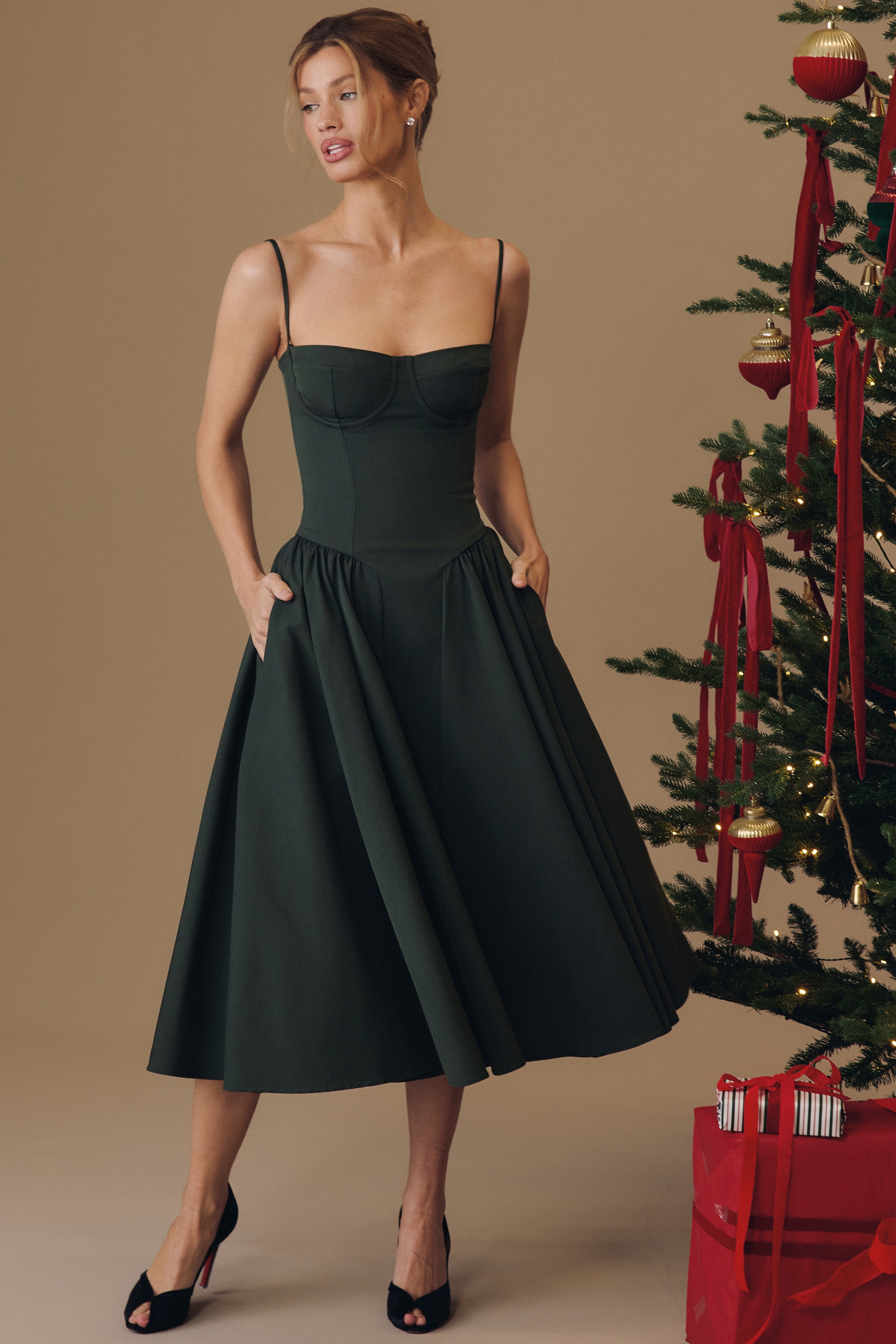 emerald green corset midi dress