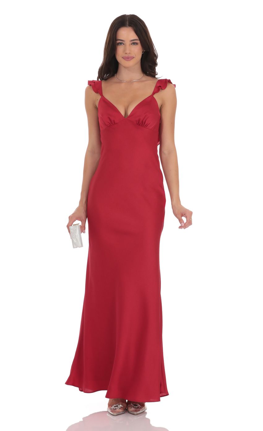 Satin Ruffle Open Maxi Dress in Red
