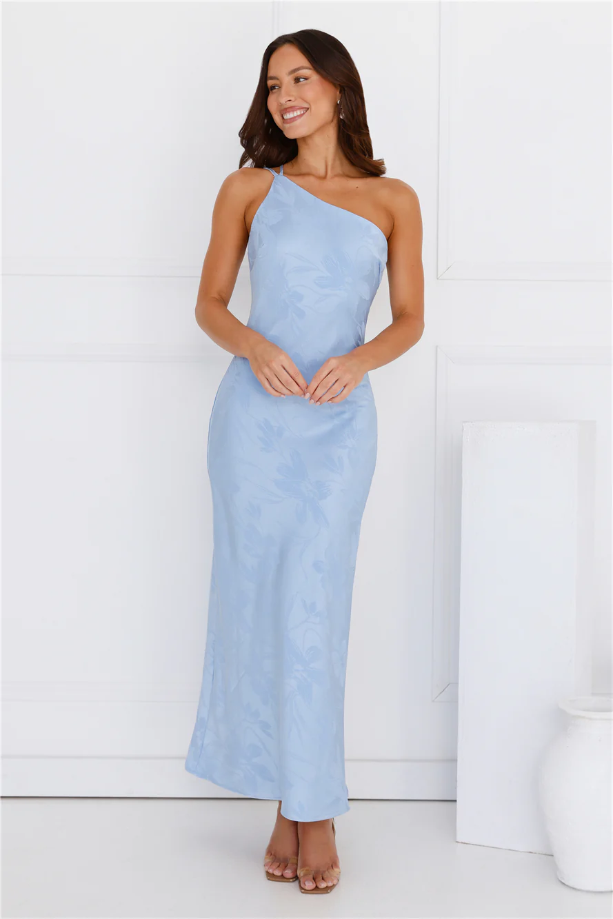 Exotic Bloom One Shoulder Satin Maxi Dress Blue