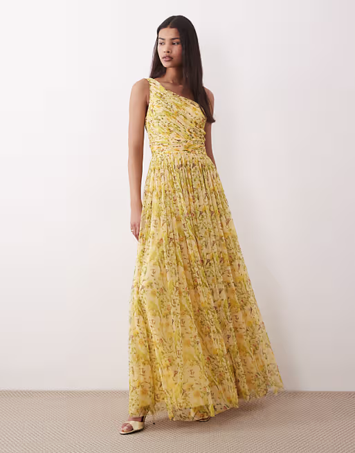 Lace & Beads one shoulder tulle maxi dress in yellow floral