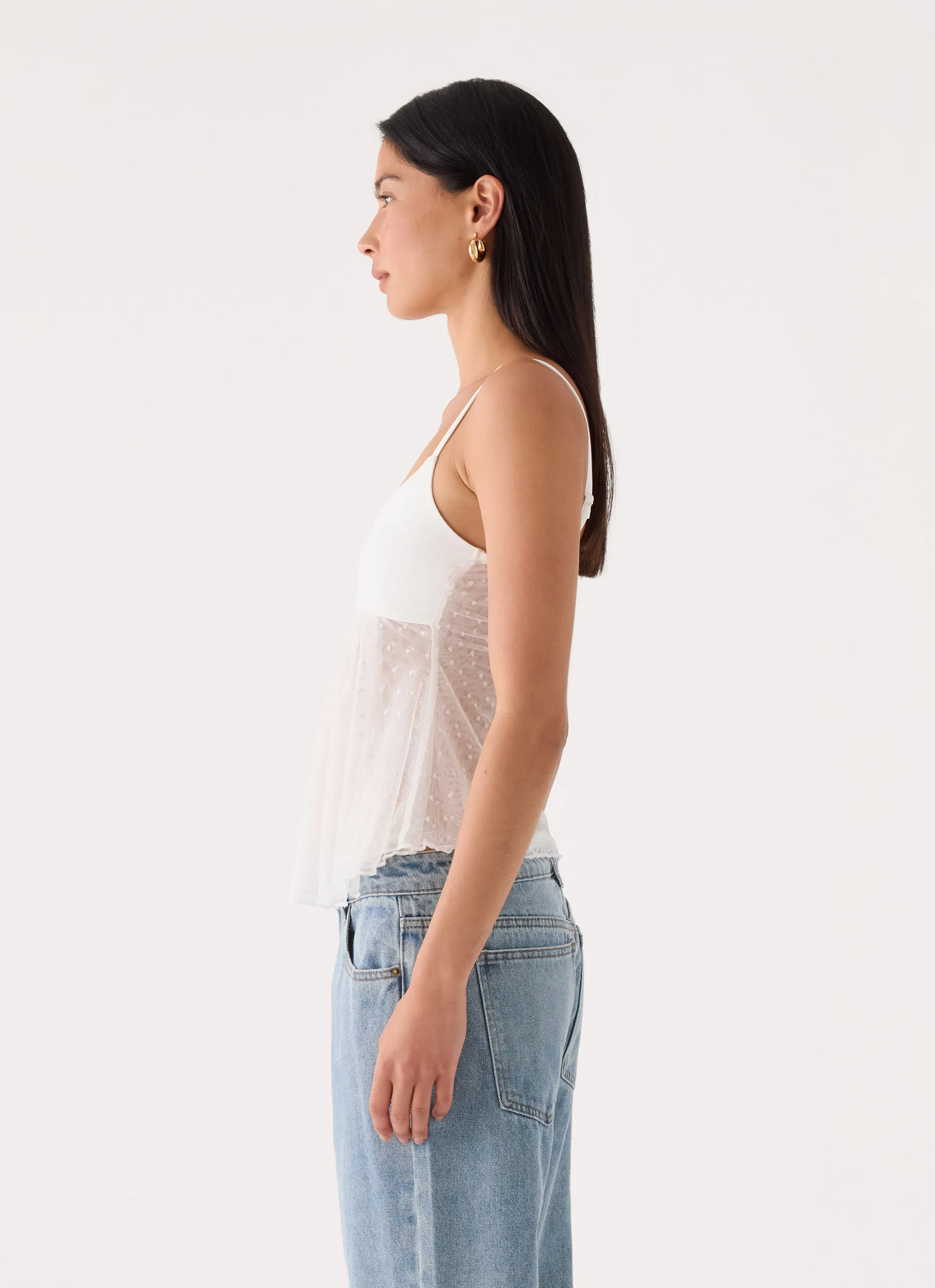 Elsie Mesh Polka Dot Top - White - FASHION NOB
