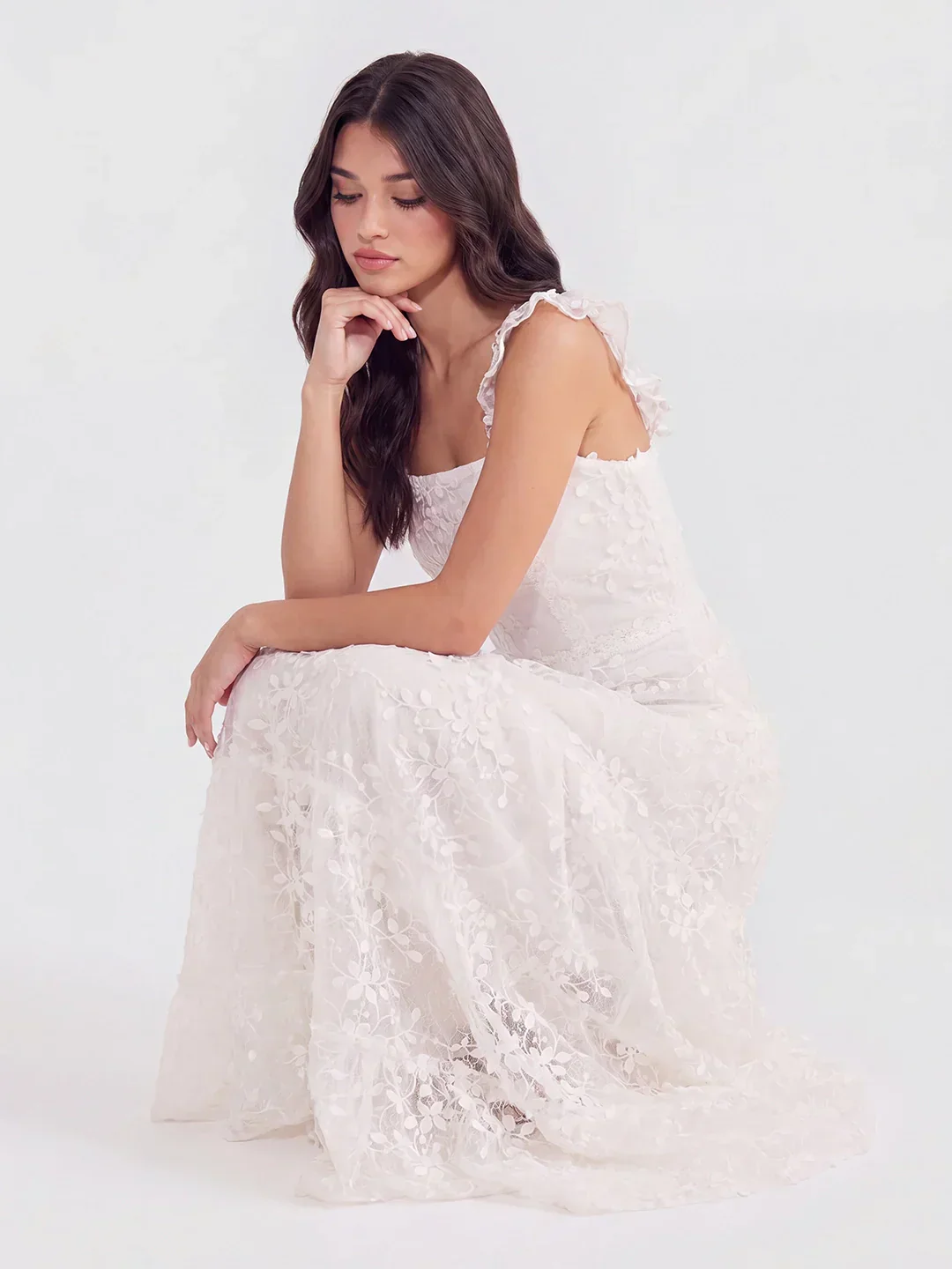 Tiered Vertical Lace Maxi Dress With Square Neckline