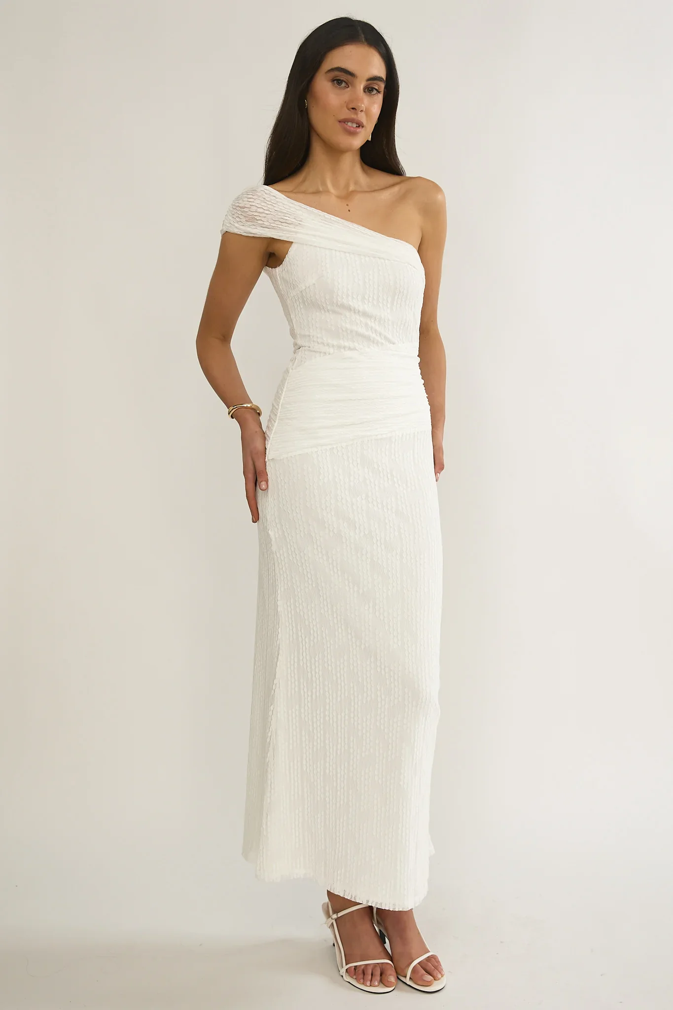 Gala One-Shoulder Textured Maxi Dress White