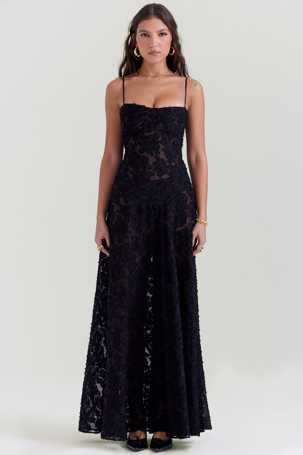 black floral lace back maxi dress