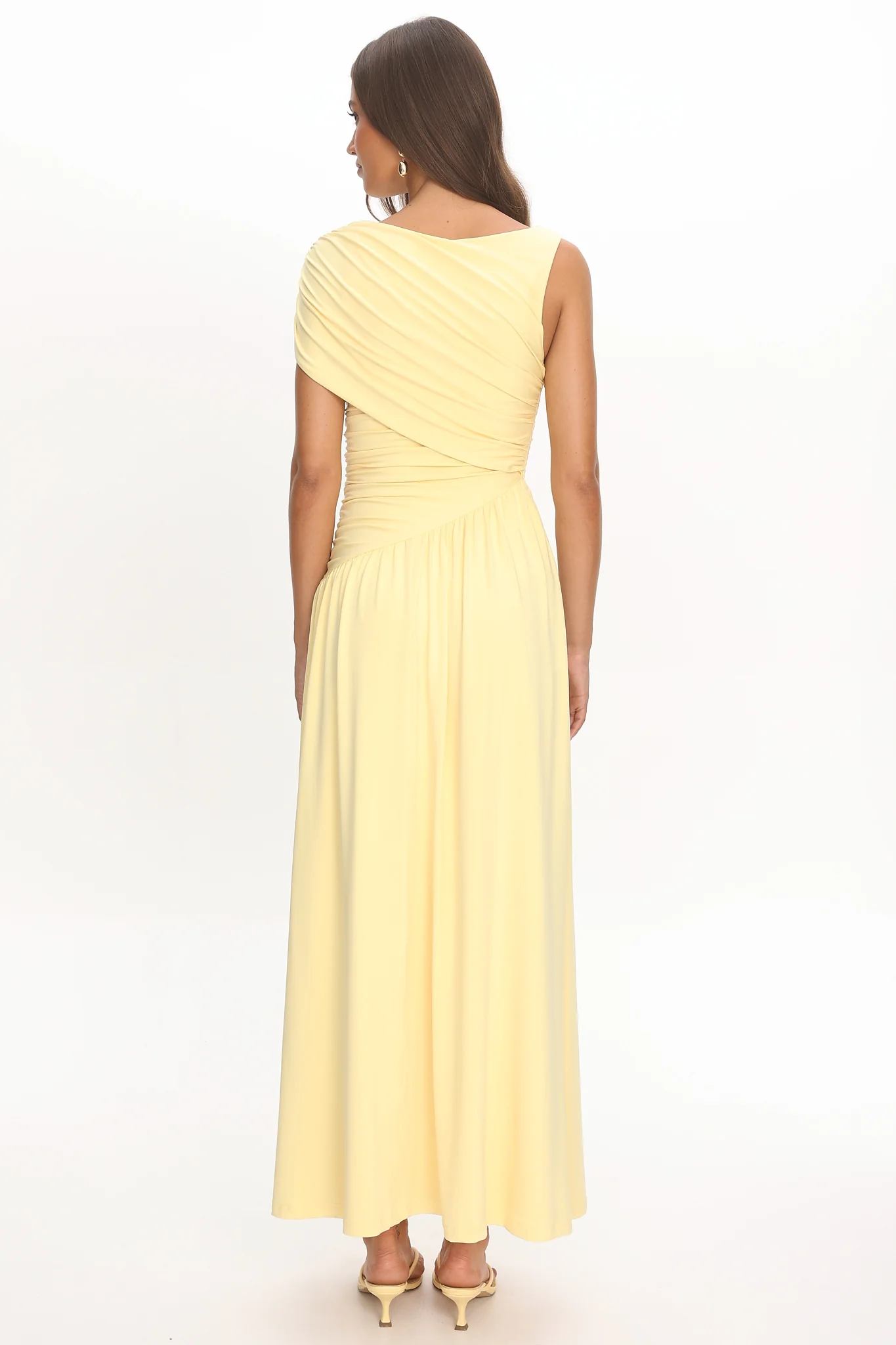 Adiel Ruched Asymmetric Waist Maxi Dress Butter - FASHION NOB