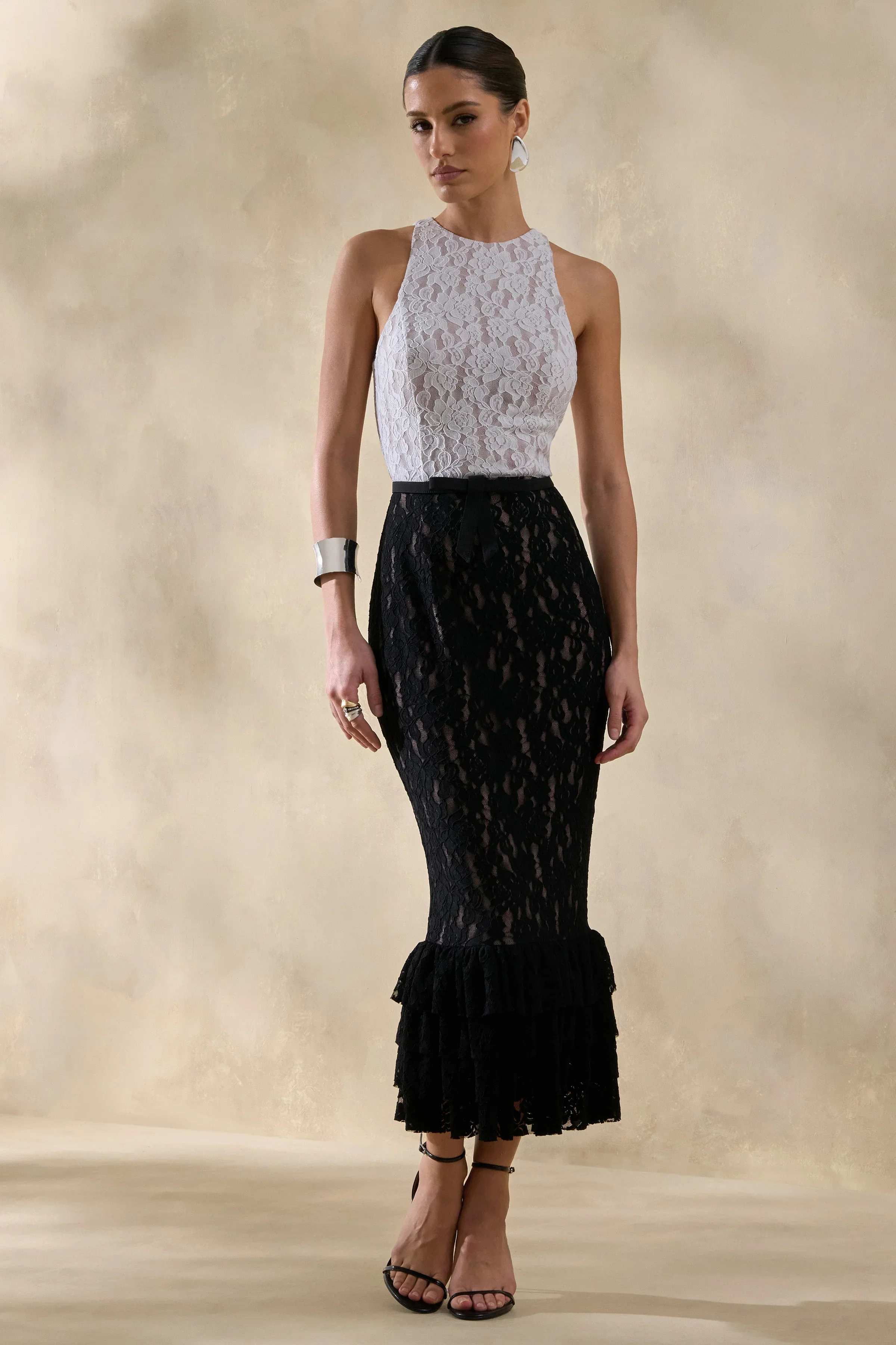 Vionna | Black And White Lace High-Neck Midi Dress With Bow-Belt Detail