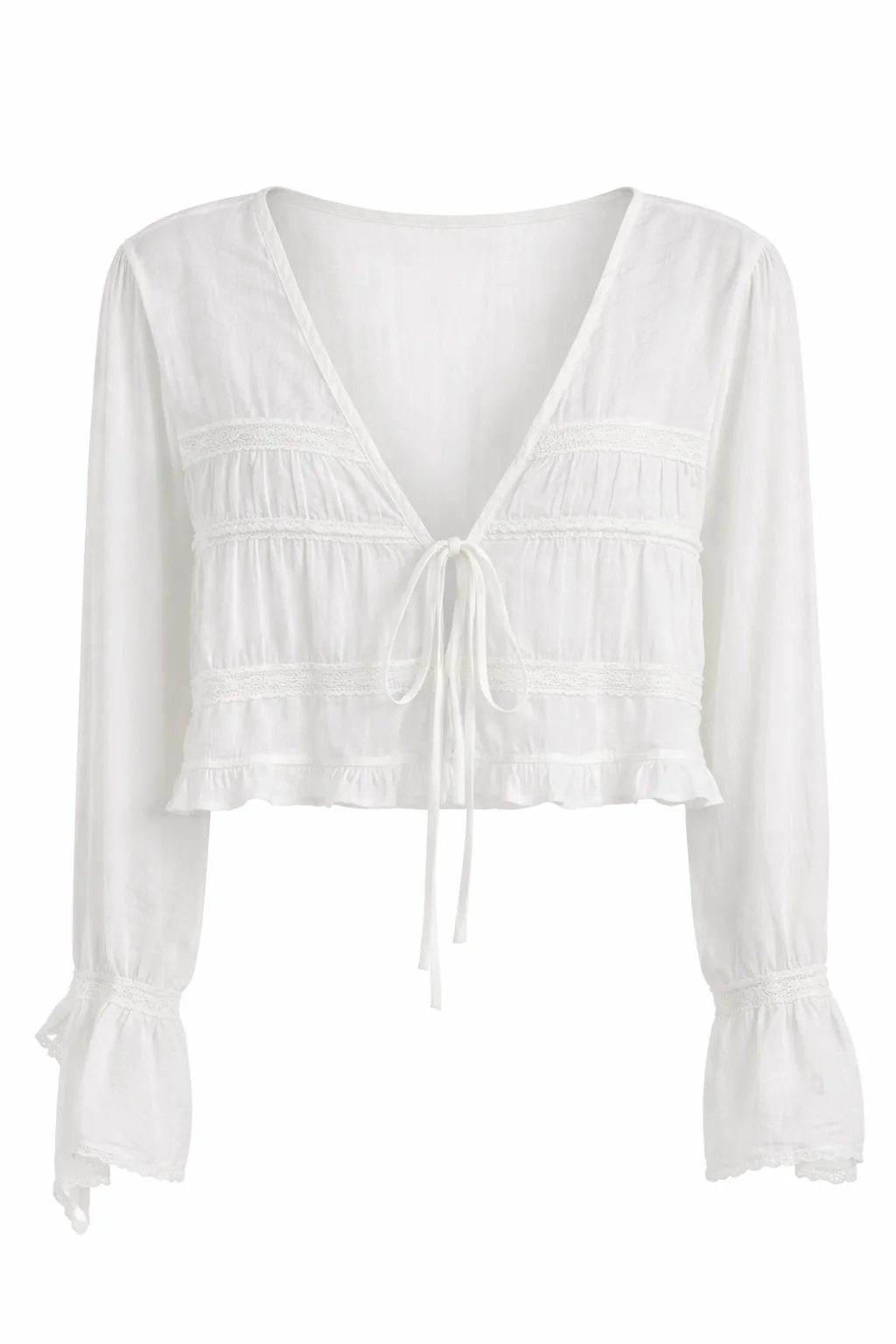 Long Sleeve Tie Front Blouse With Ruffle Detail
