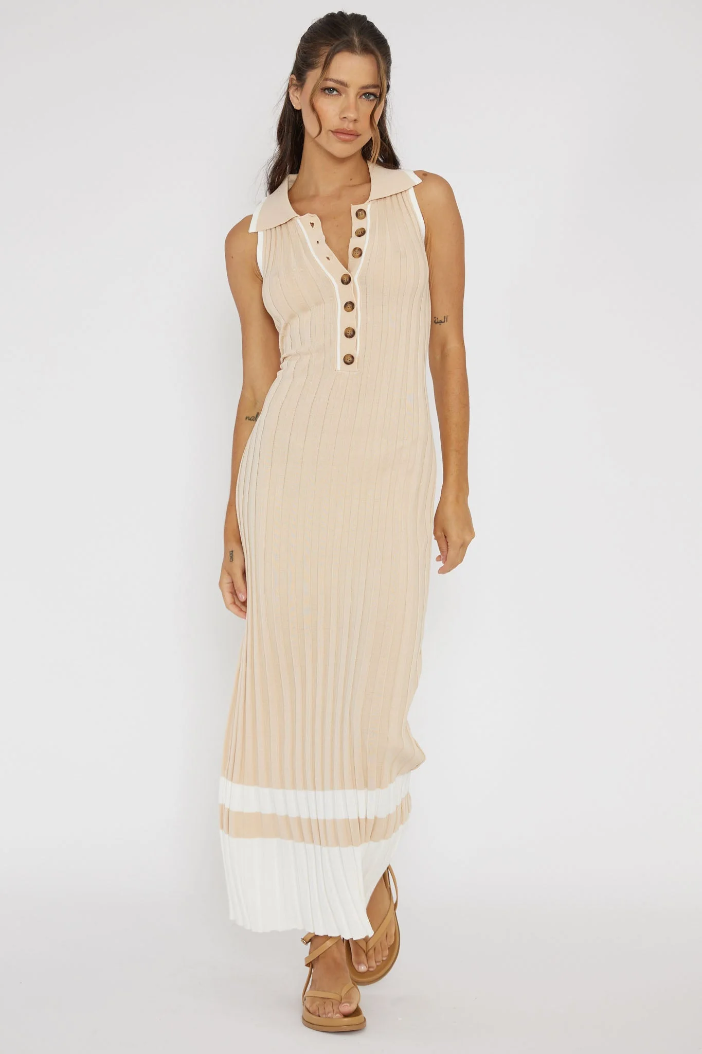 Cayla Button-Up Ribbed Knit Dress Sand
