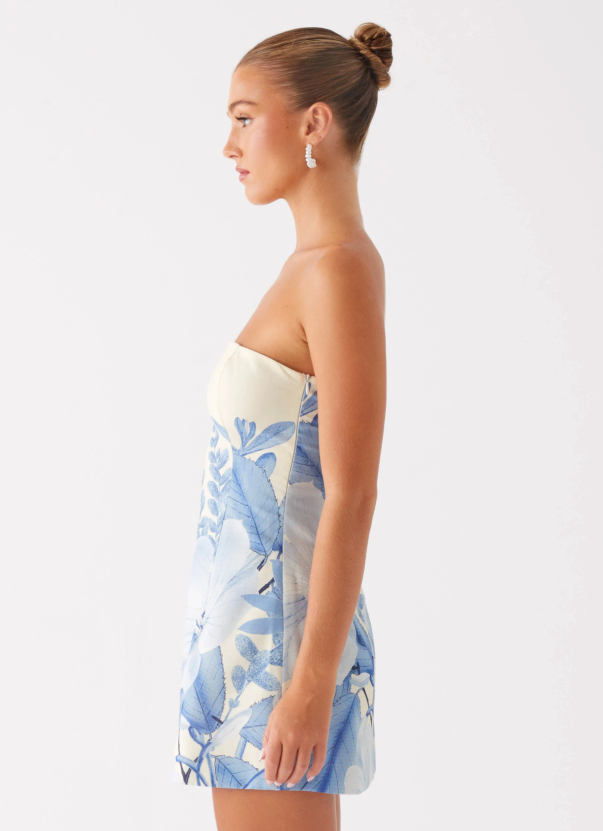 Denby Strapless Mini Dress - Blue Floral Print - luluinthesky