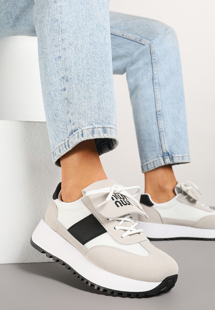 Biało-Beżowe Sneakersy na Platformie z Geometrycznym Wzorem Aluina
