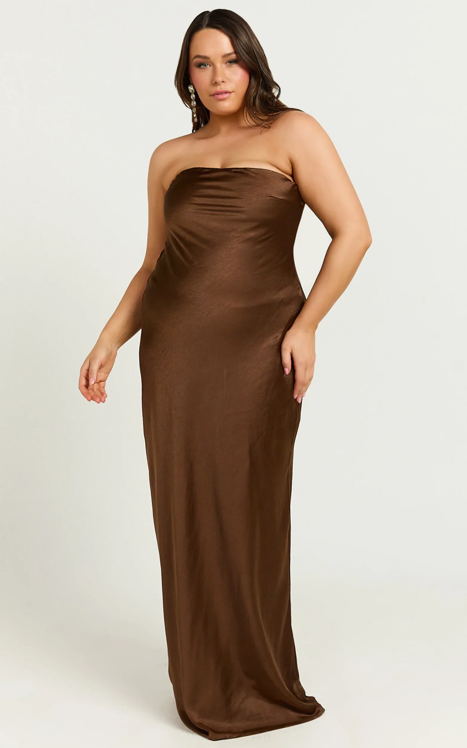 Charlita Maxi Dress - Strapless Cowl Back Satin Dress in Chocolate