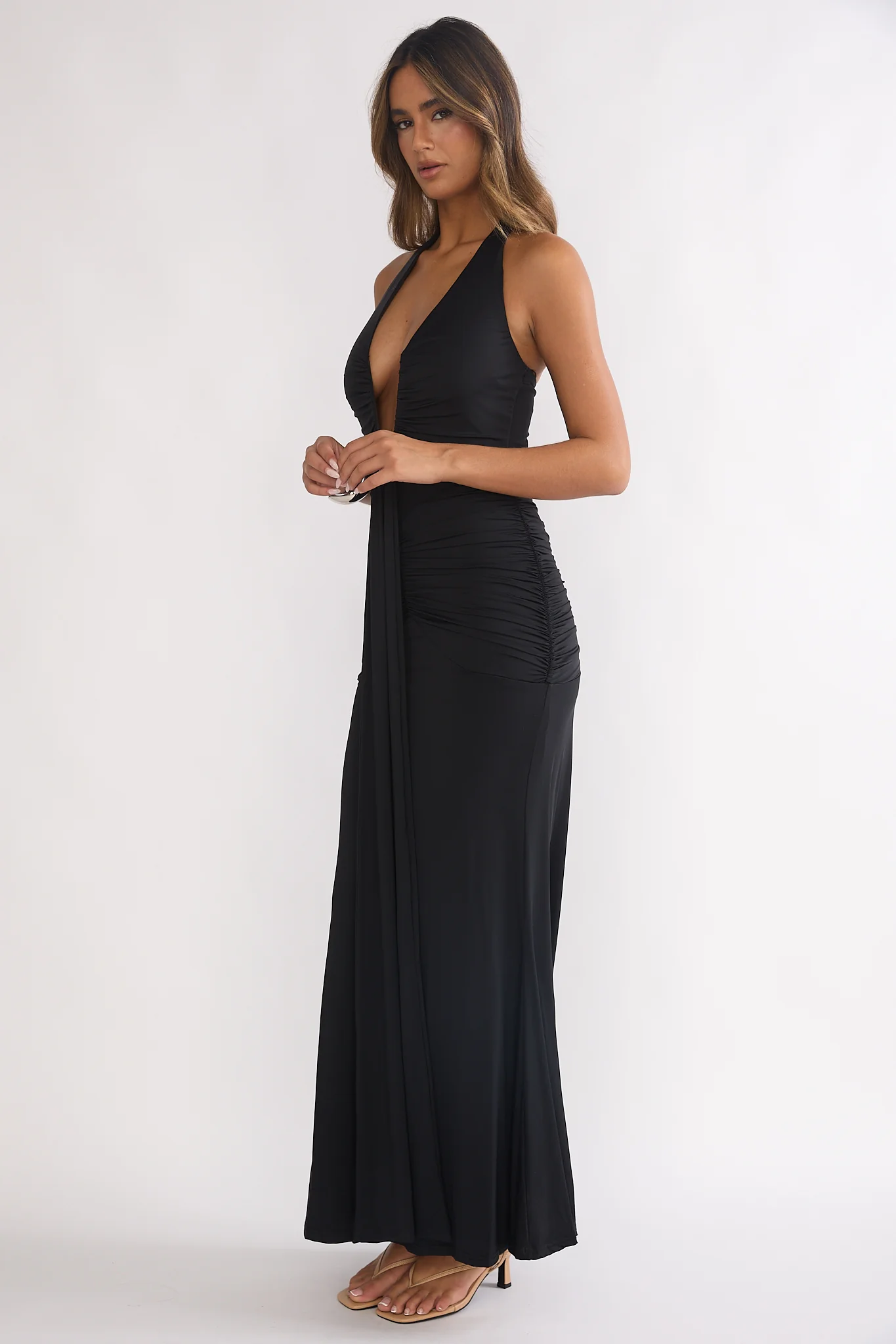 Brienna Halter Ruched Maxi Dress Black - luluinthesky