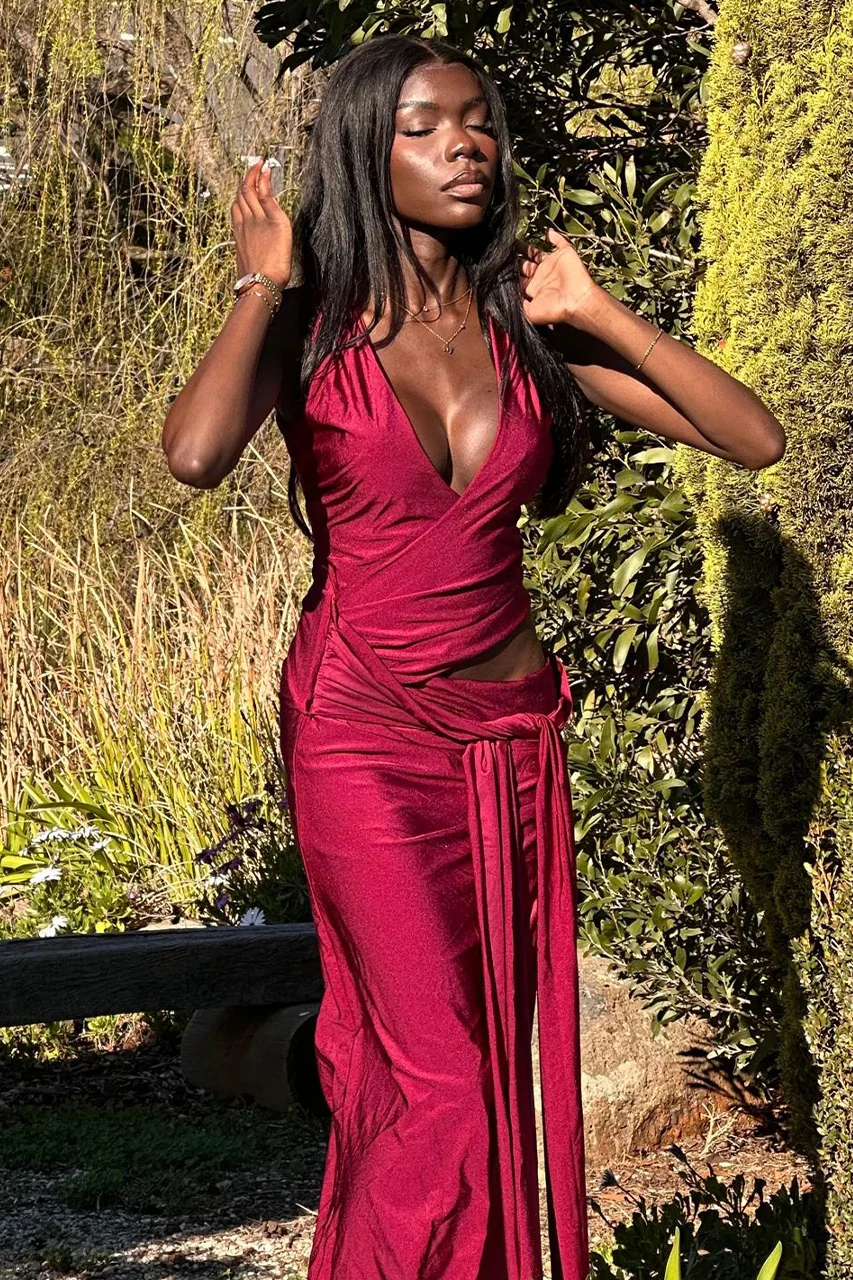 MAZINI DEEP PLUNGE MAXI DRESS - BERRY