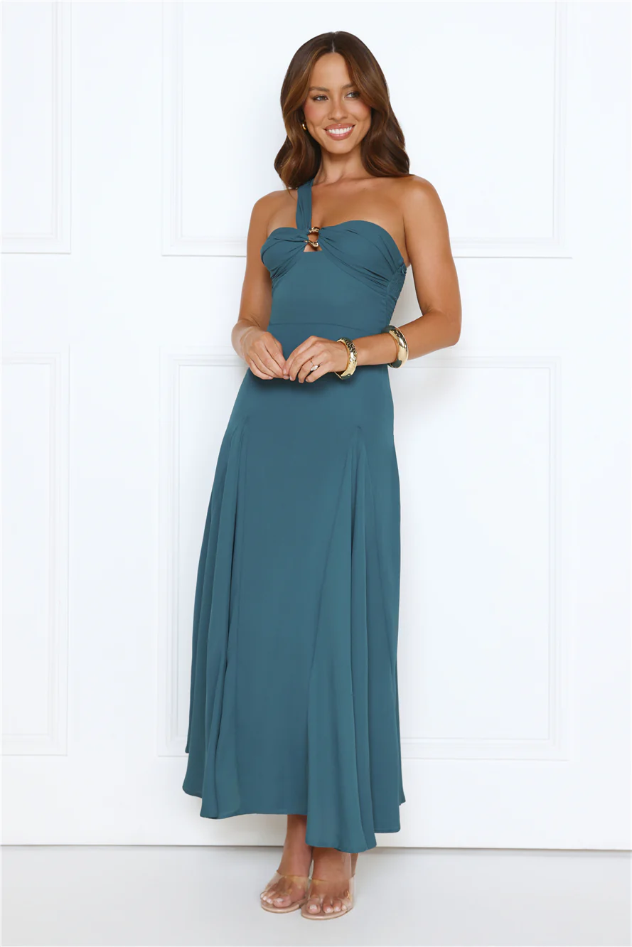 Glossed Edge One Shoulder Maxi Dress Teal