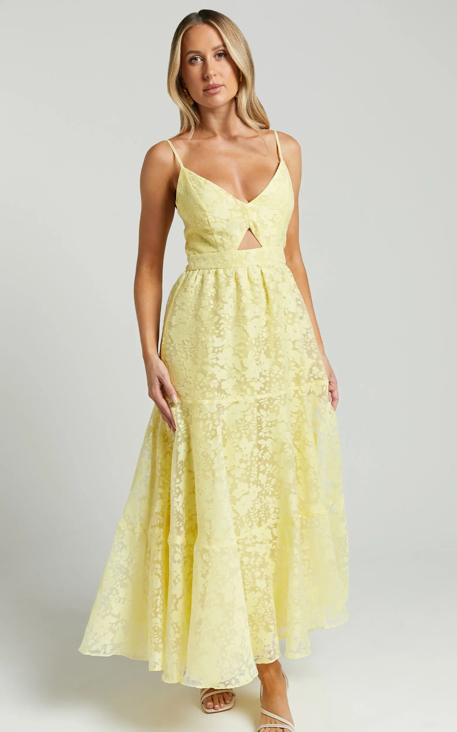 Jorie Midi Dress - Strappy Front Cut Out Tiered Skirt in Pastel Yellow - luluinthesky
