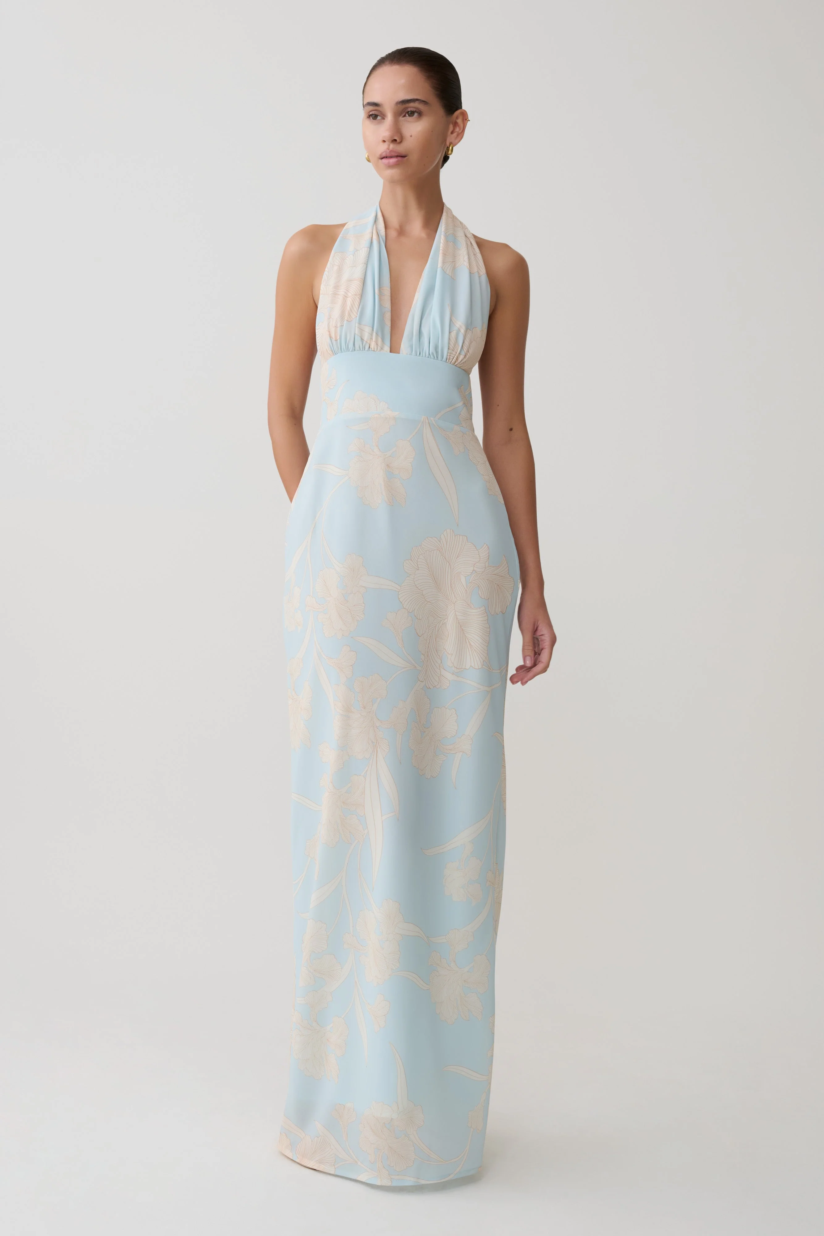 Nadine Halter Scarf Chiffon Maxi Dress - Blue Floral Print