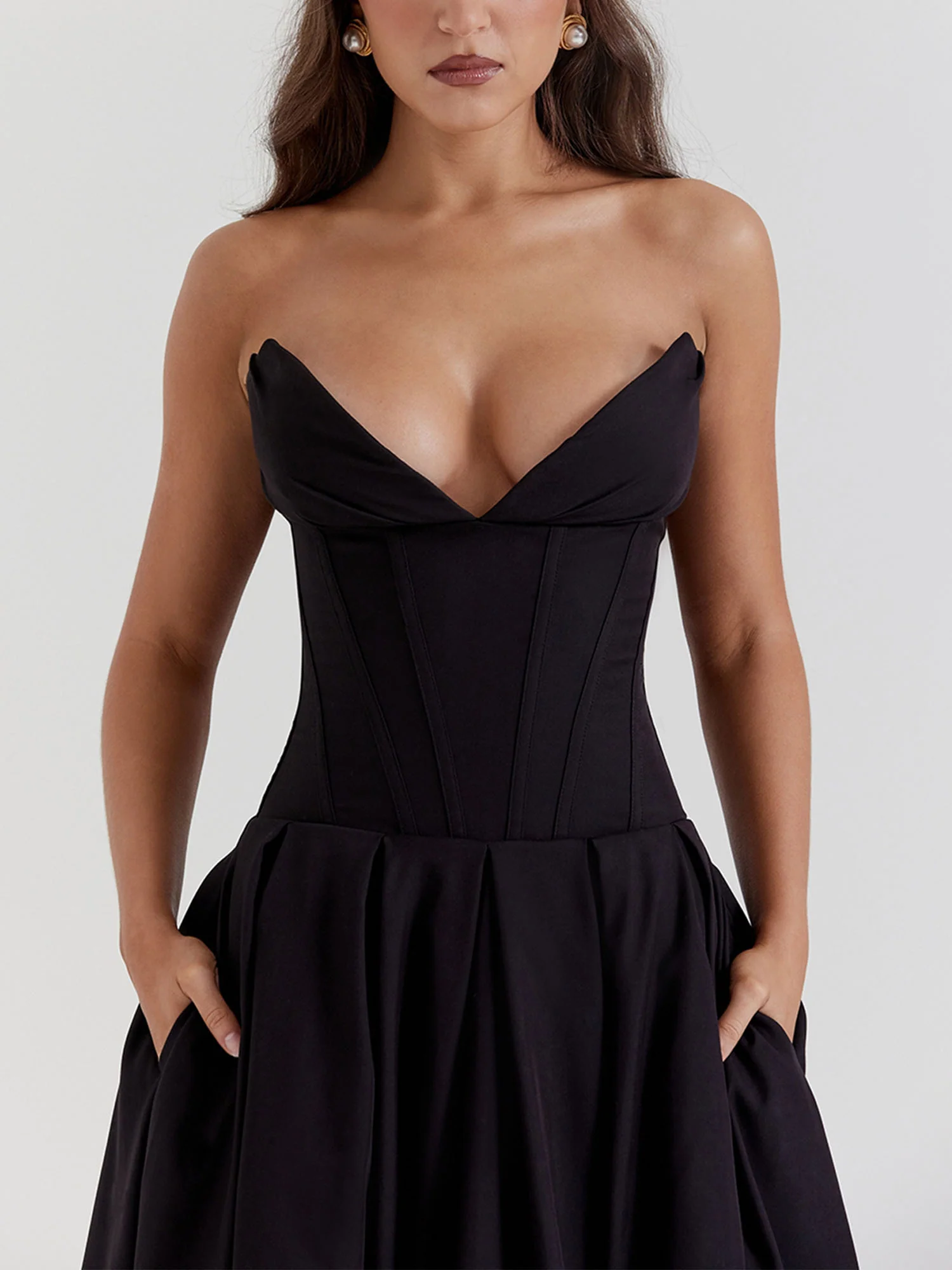 Black Strapless Fit-and-Flare Midi Dress