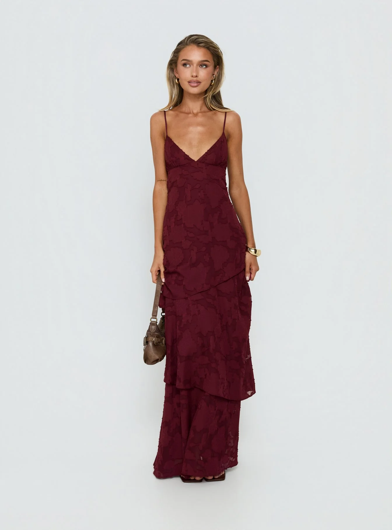 Lyricah Tiered Tie Back Maxi Dress Burgundy - luluinthesky