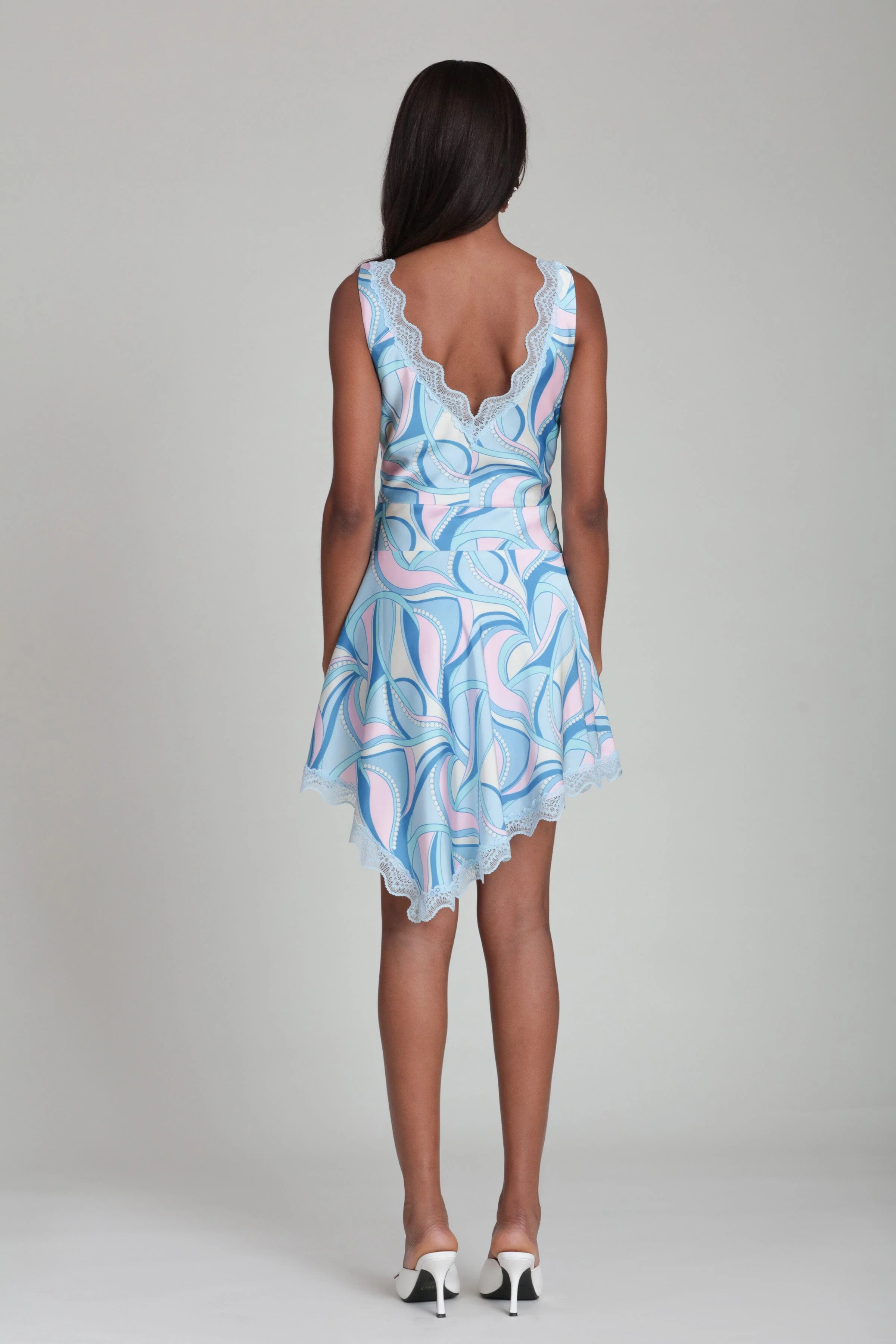 Paisley Satin Lace Trim Bias Mini Dress